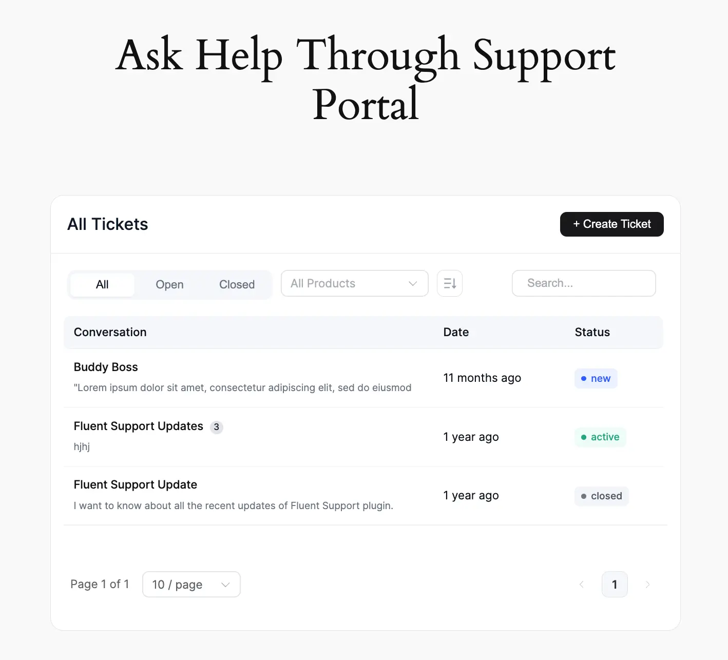 Preview of Customer Support Portal using ShortCode