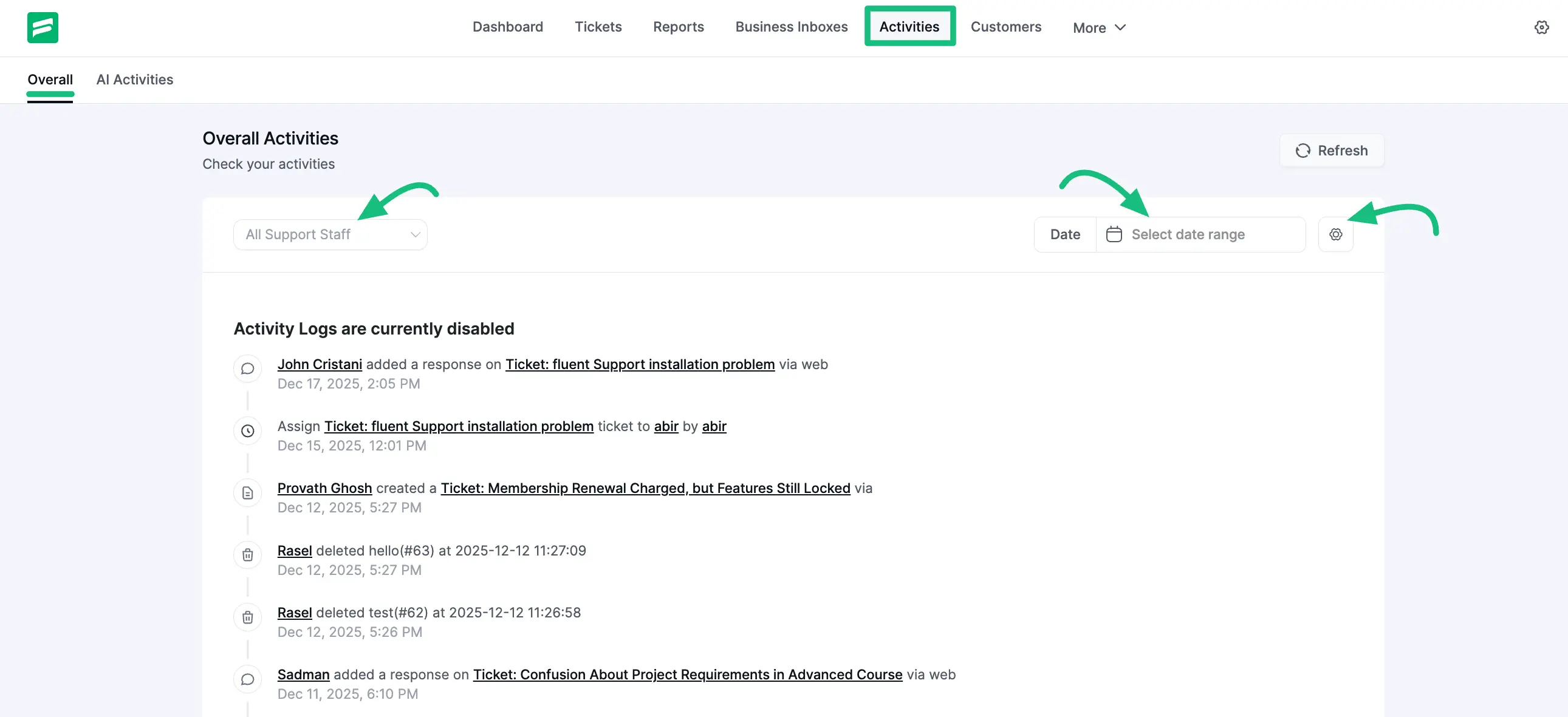 Activities from Fluent Support Dashboard