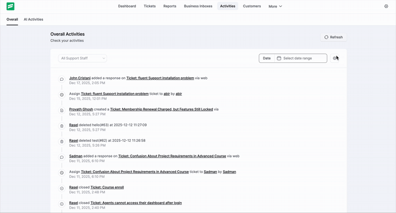 Settings option for customizing the funtion of Activities in Fluent Support