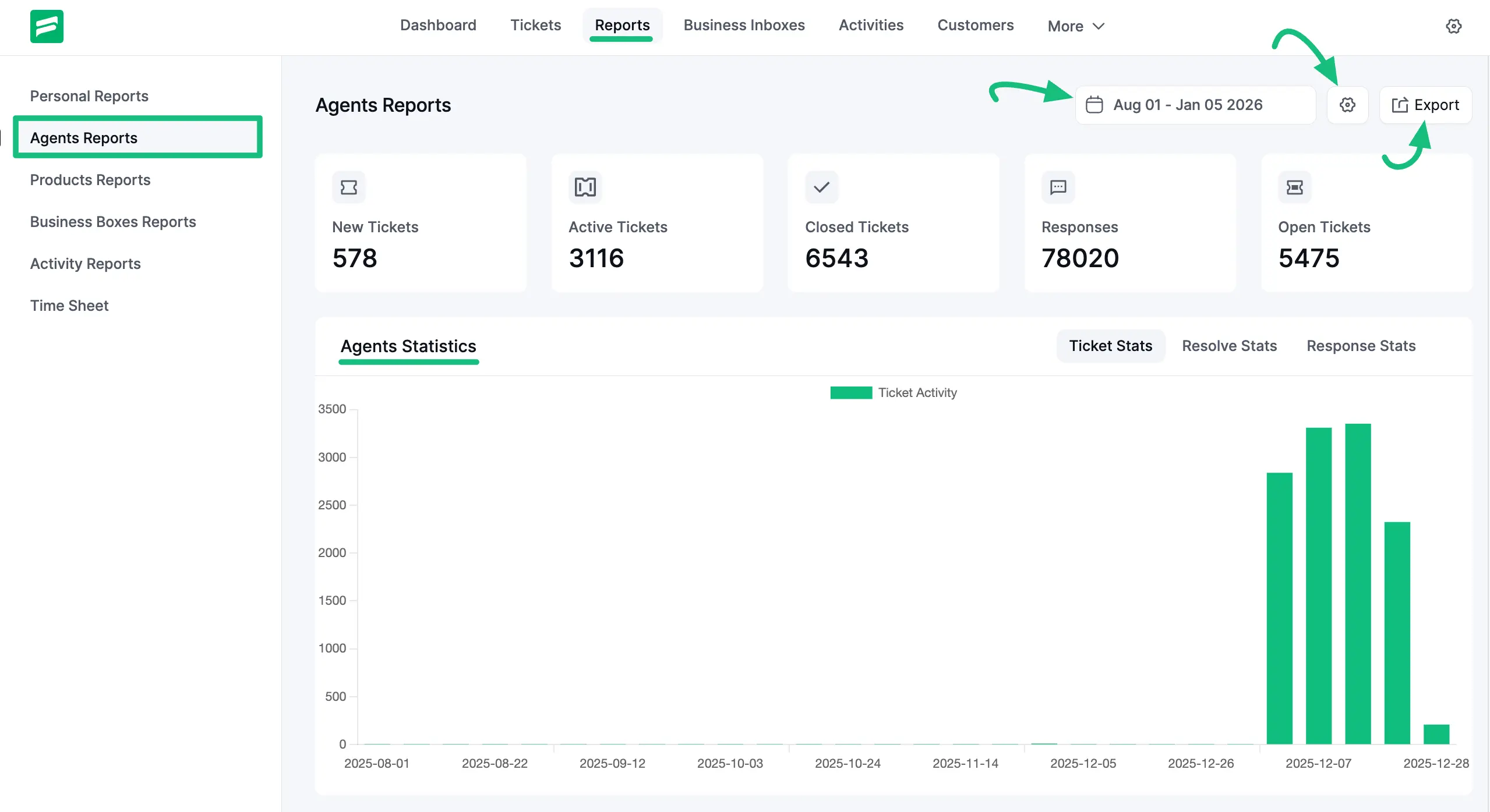 Accessing the Agents Reports section from the main navigation