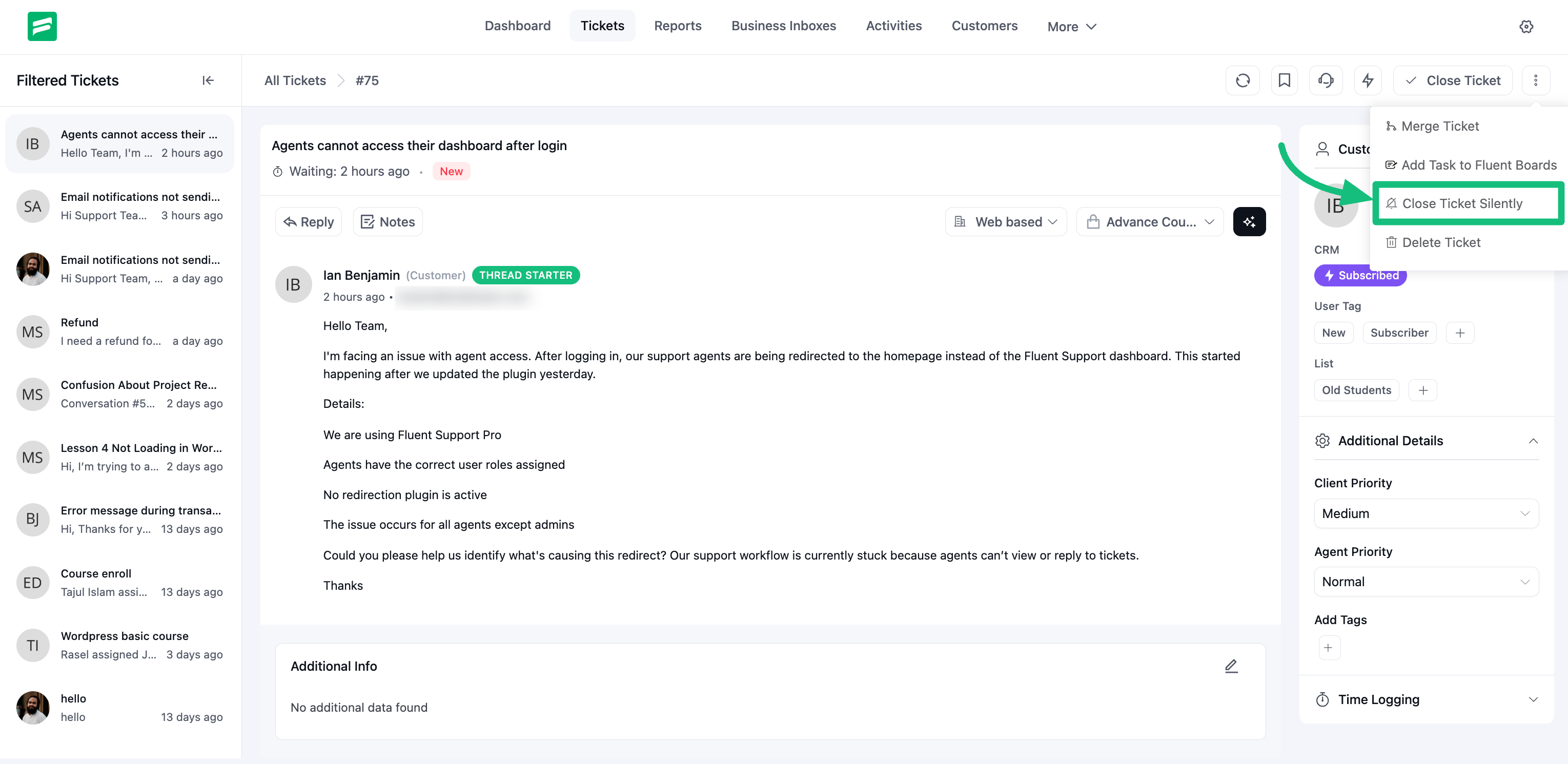 Close Ticket Silently option