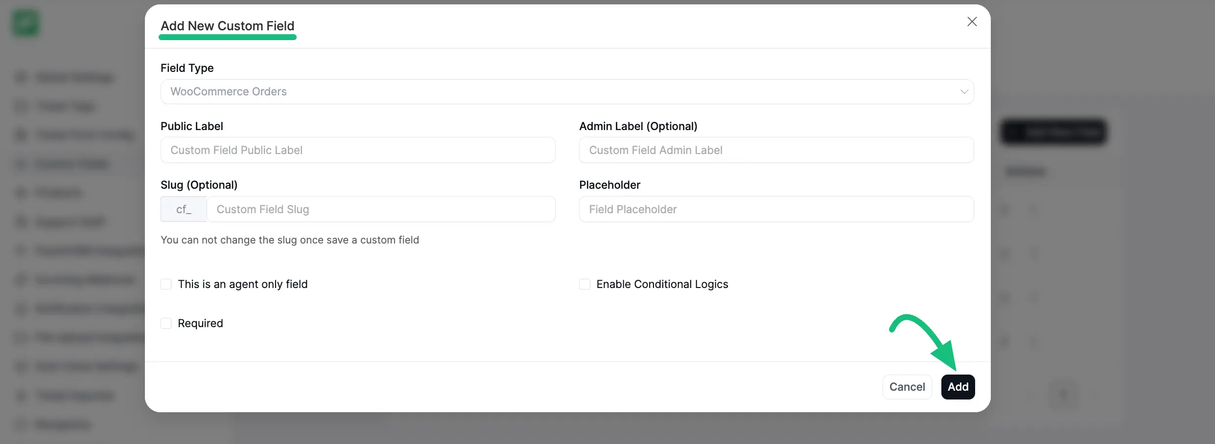 Add New Custom Field popup page