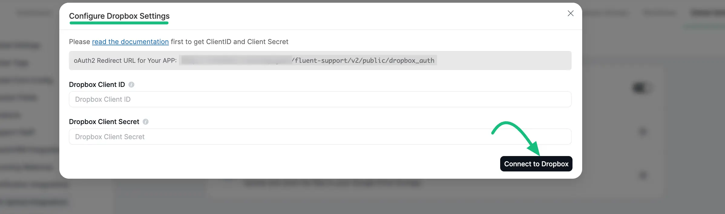 Configure DropboxSettings popup page