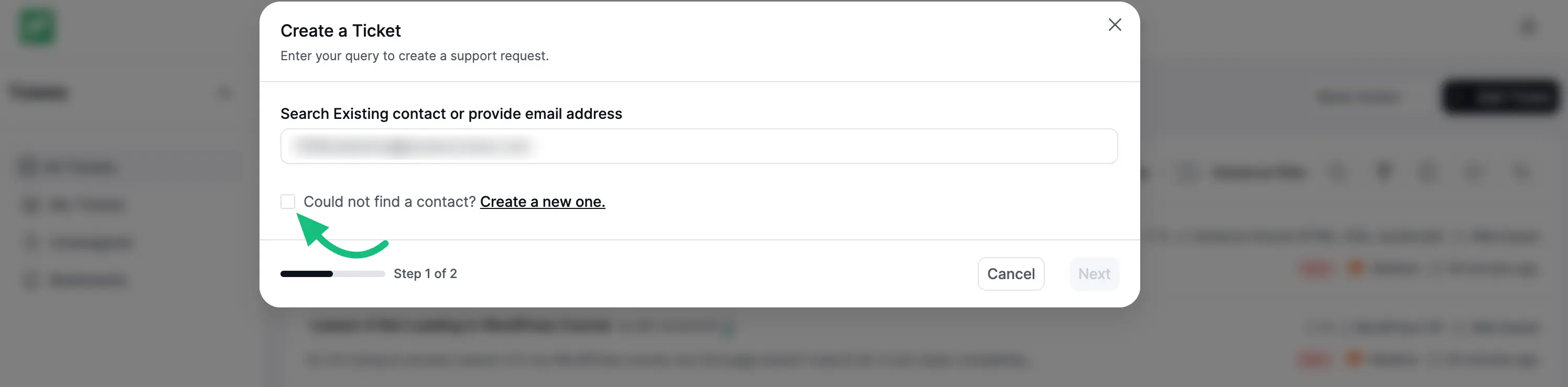 Could not find a contact? Create a new one checkbox