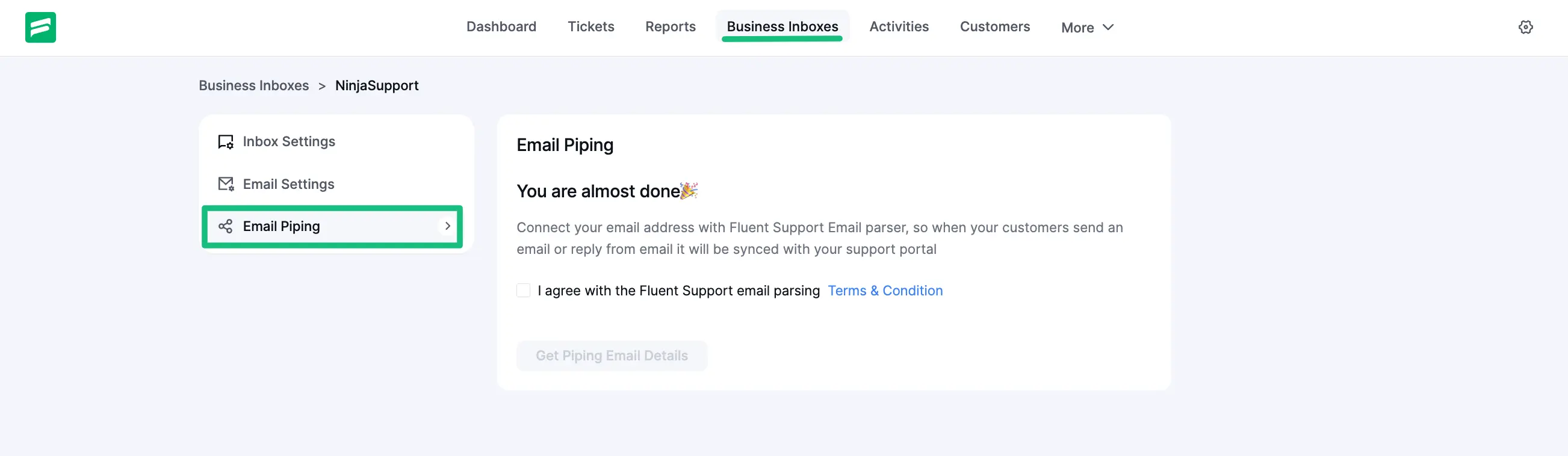 Open desired Business inbox's settings