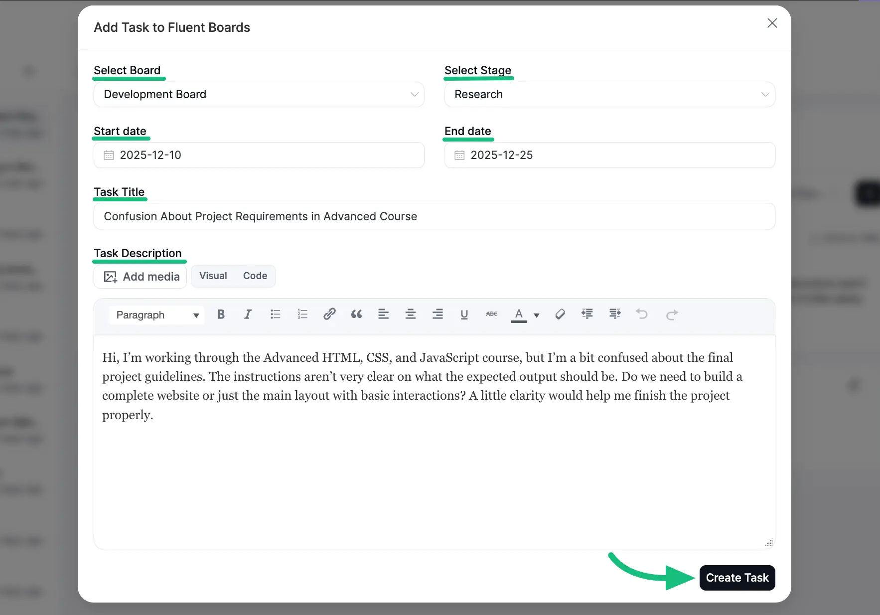 Popup page for Adding Task to Fluent Boards