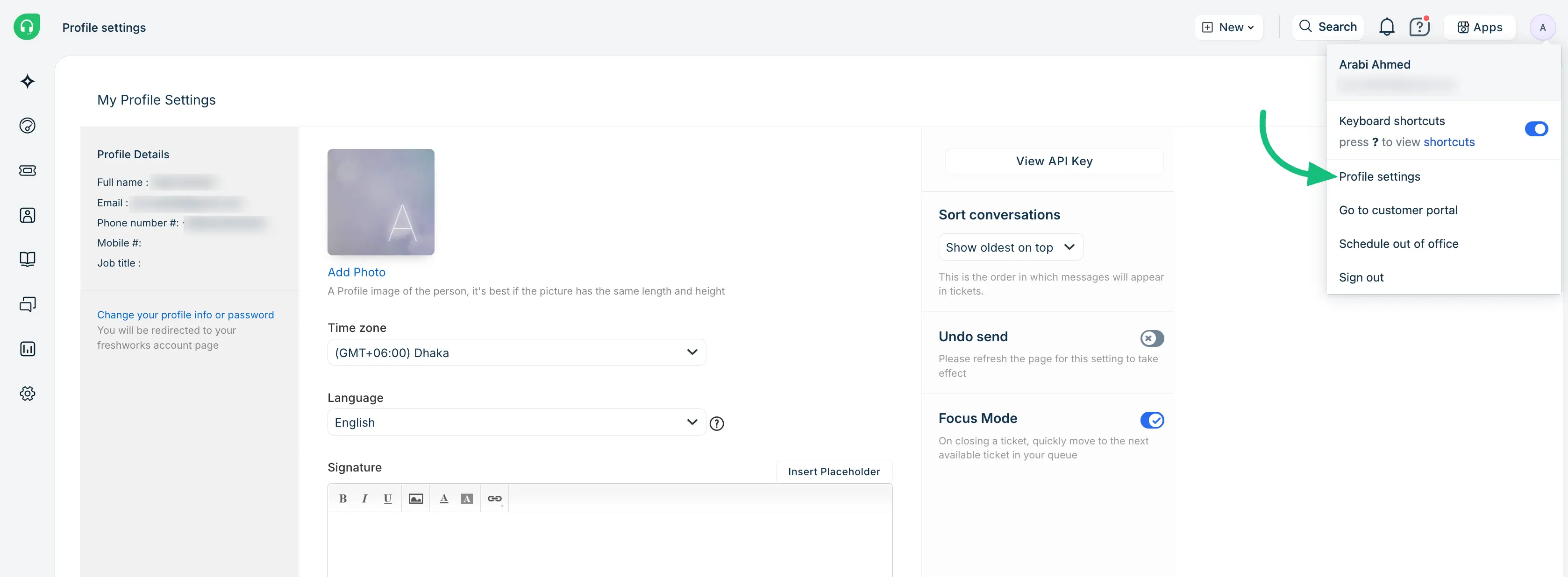 Profile Settings of Freshdesk