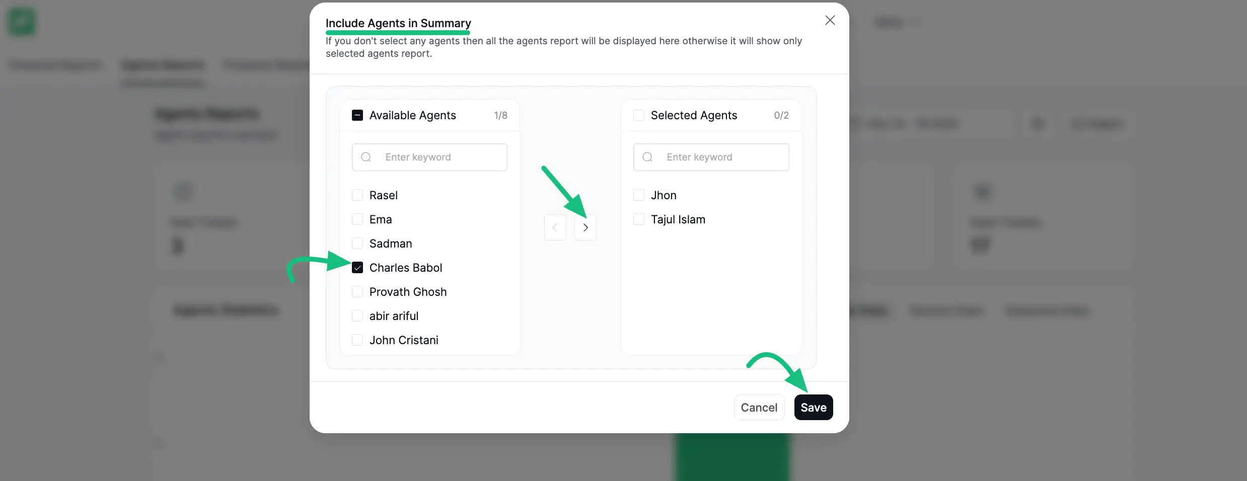 Customizing the agent summary list via the settings pop-up