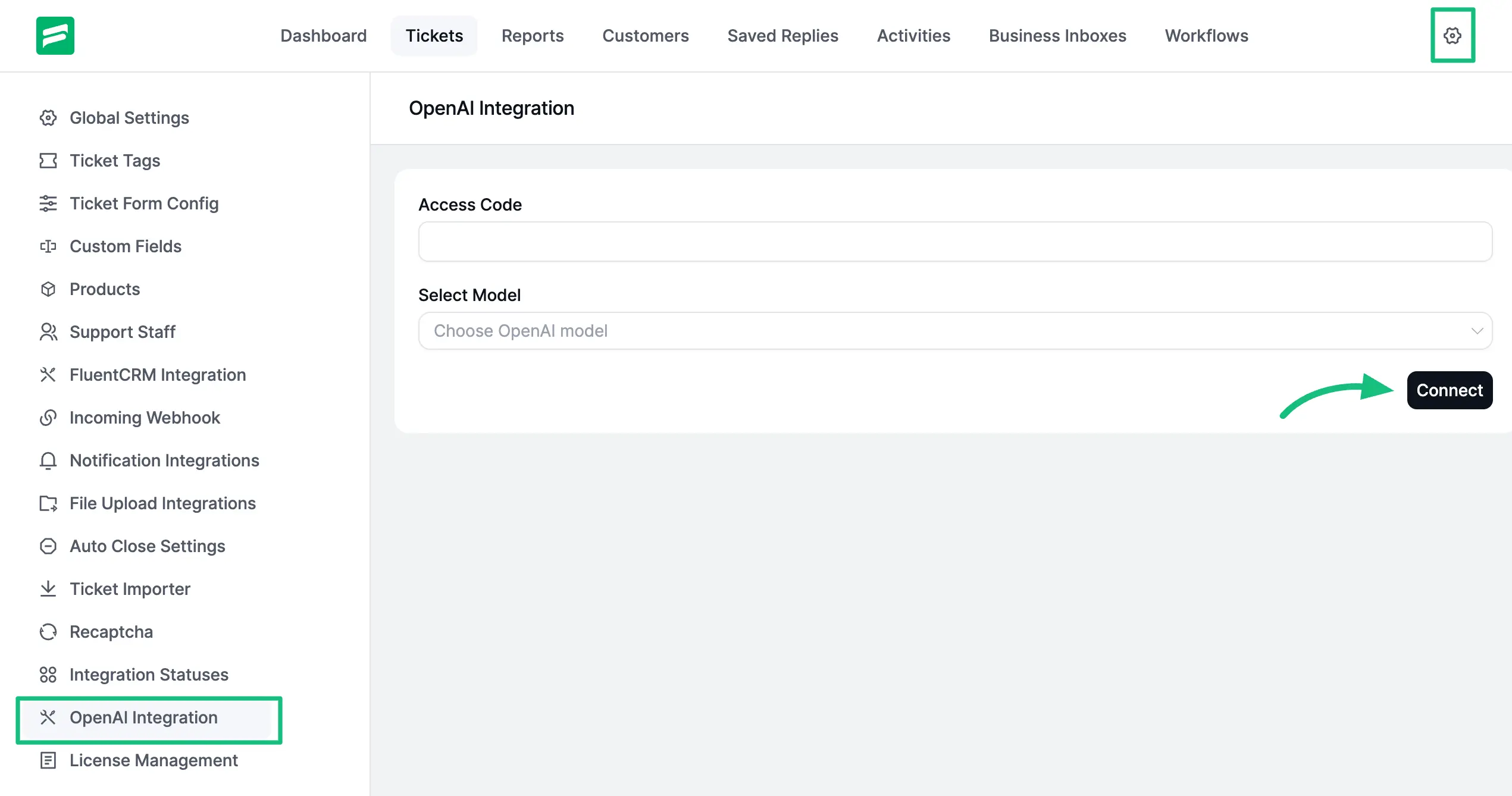 OpenAI Integration option from the left sidebar under Global Settings 