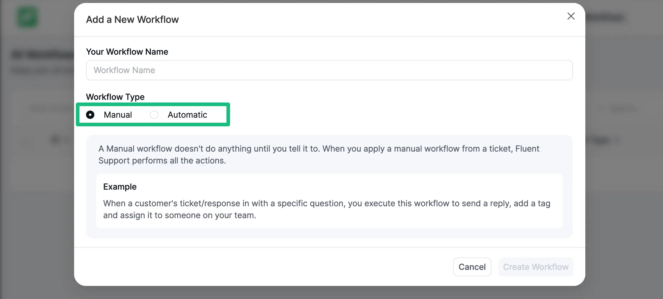Popup page to create a workflow