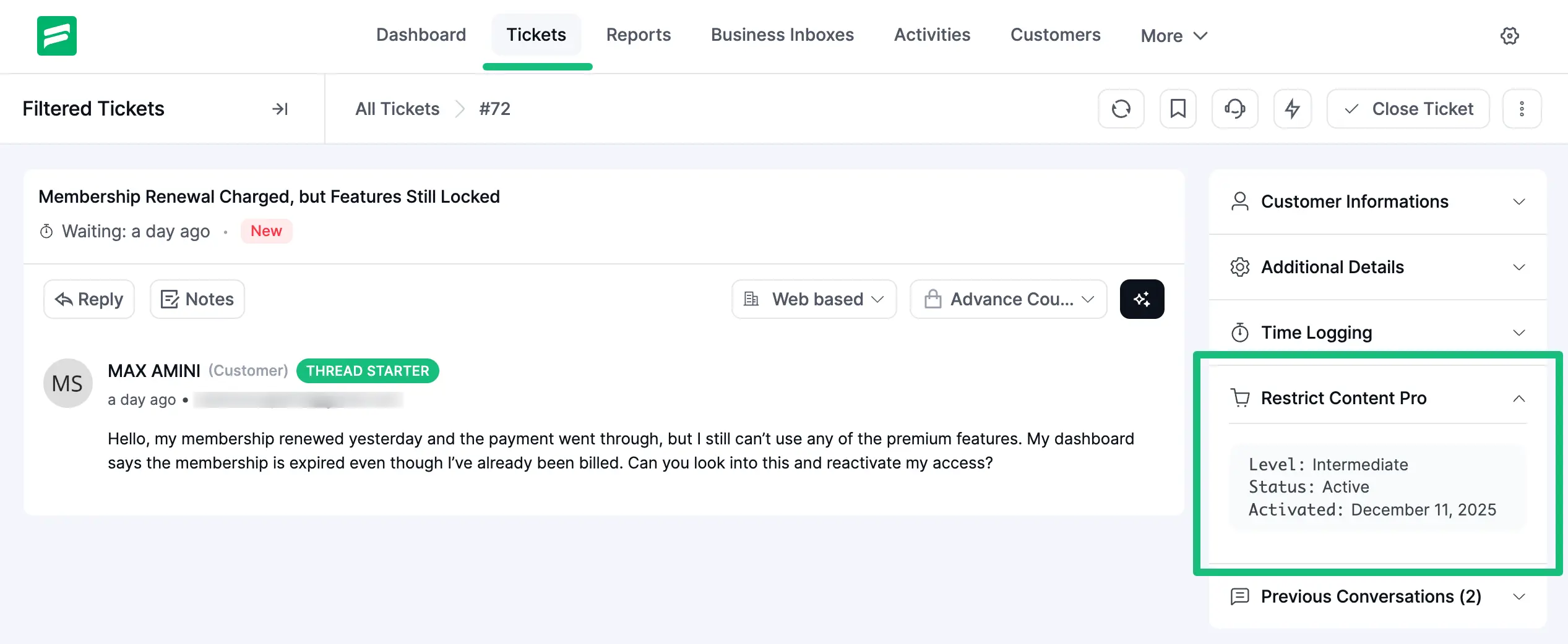 Preview of Restrict Connect Pro Integration with Fluent Support