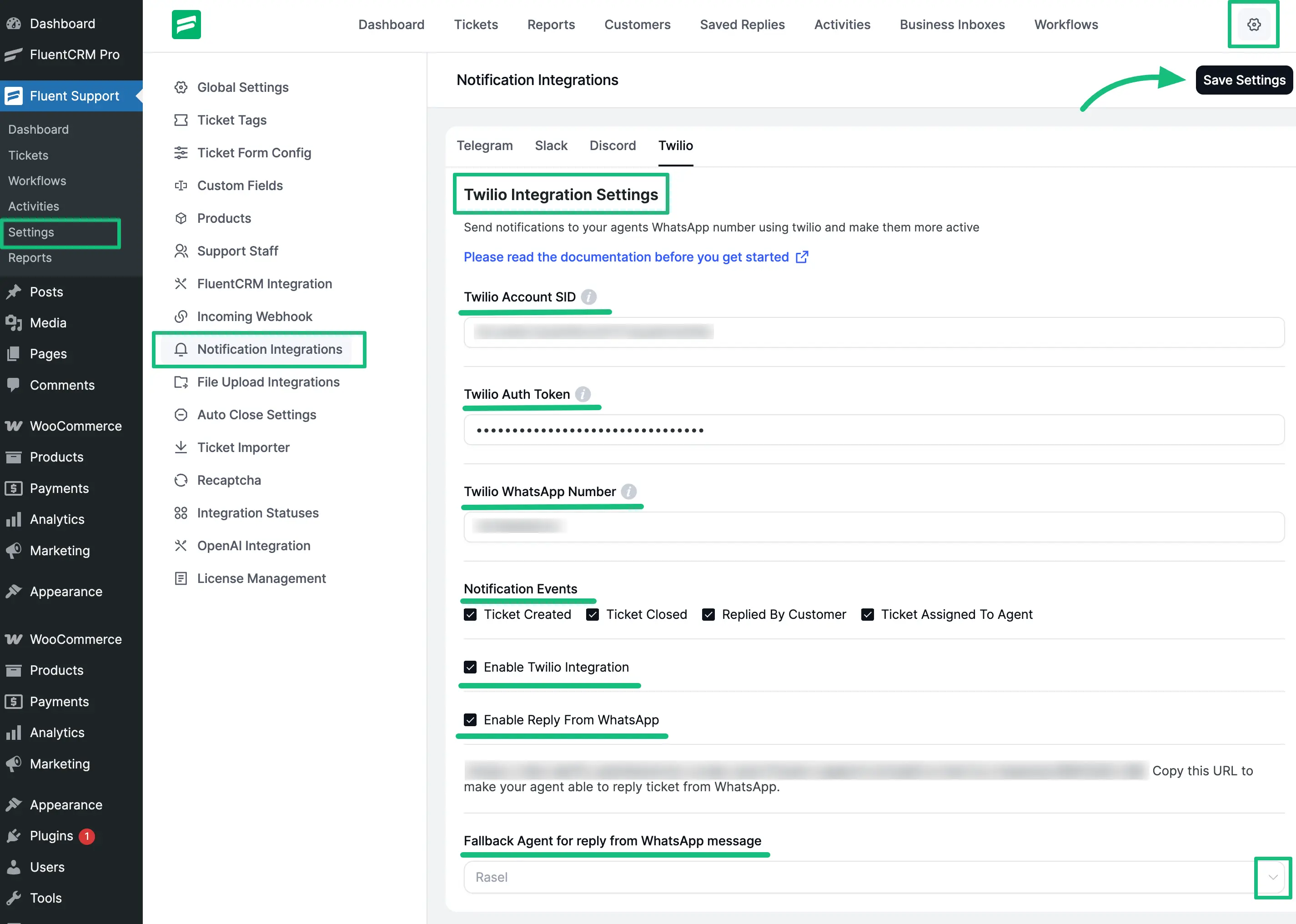 Twilio Integration Settings