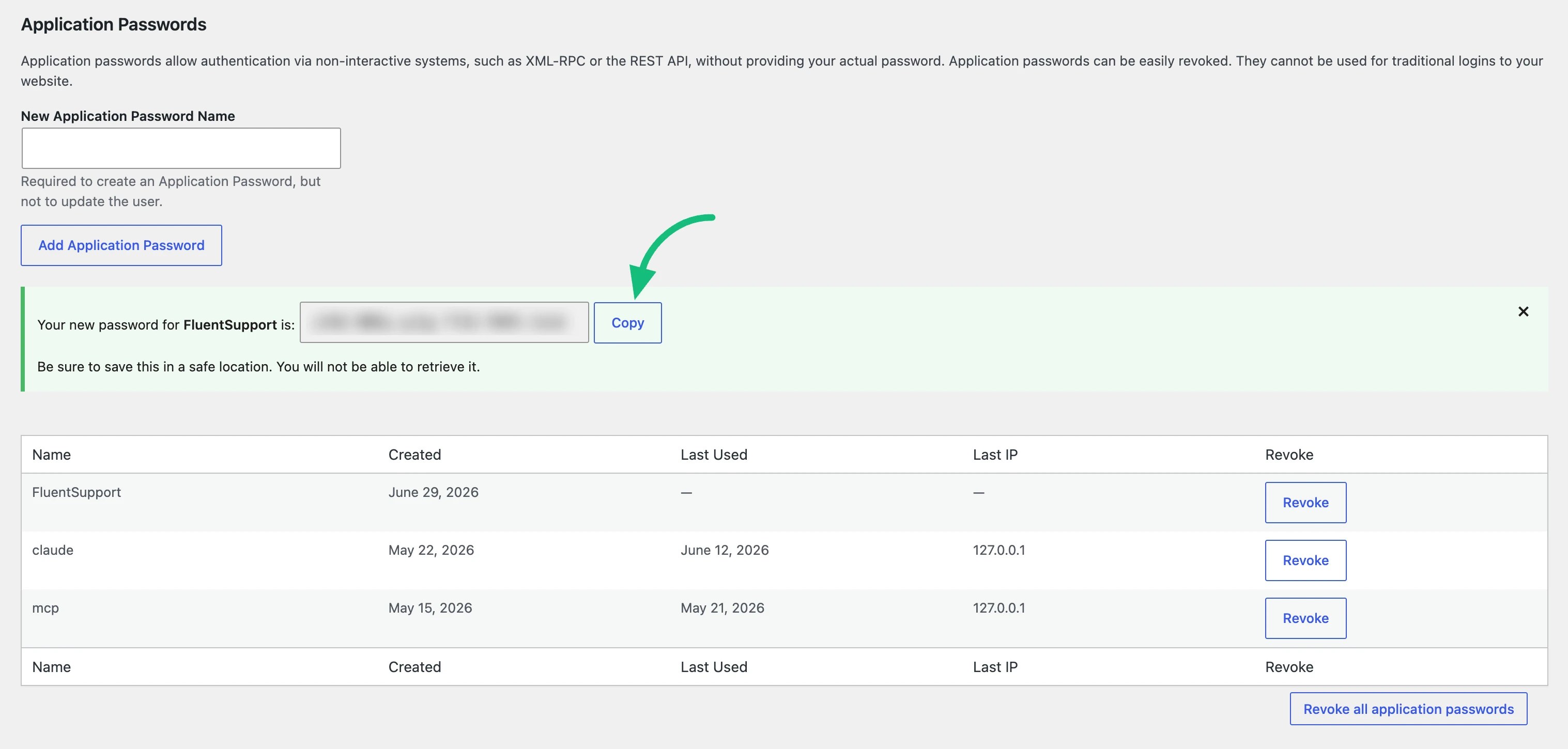 WordPress Application Passwords section showing the newly generated password ready to copy