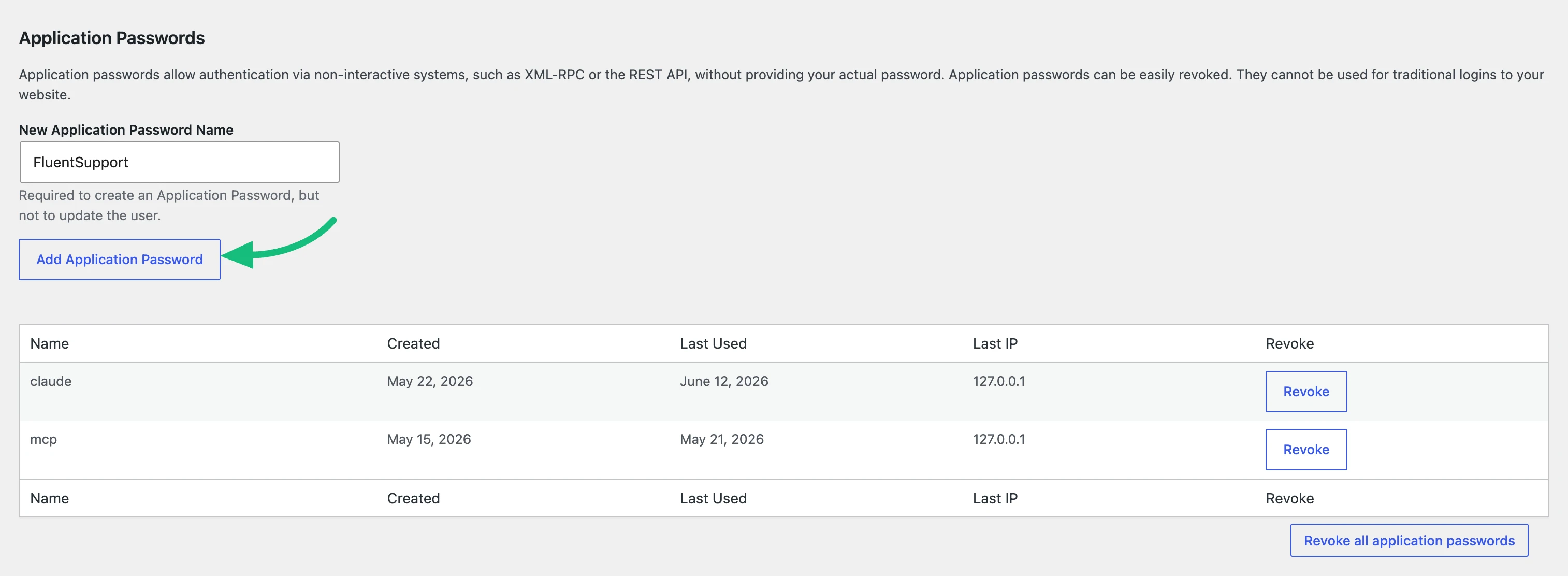 WordPress Application Passwords section with a new password name entered and the Add Application Password button highlighted