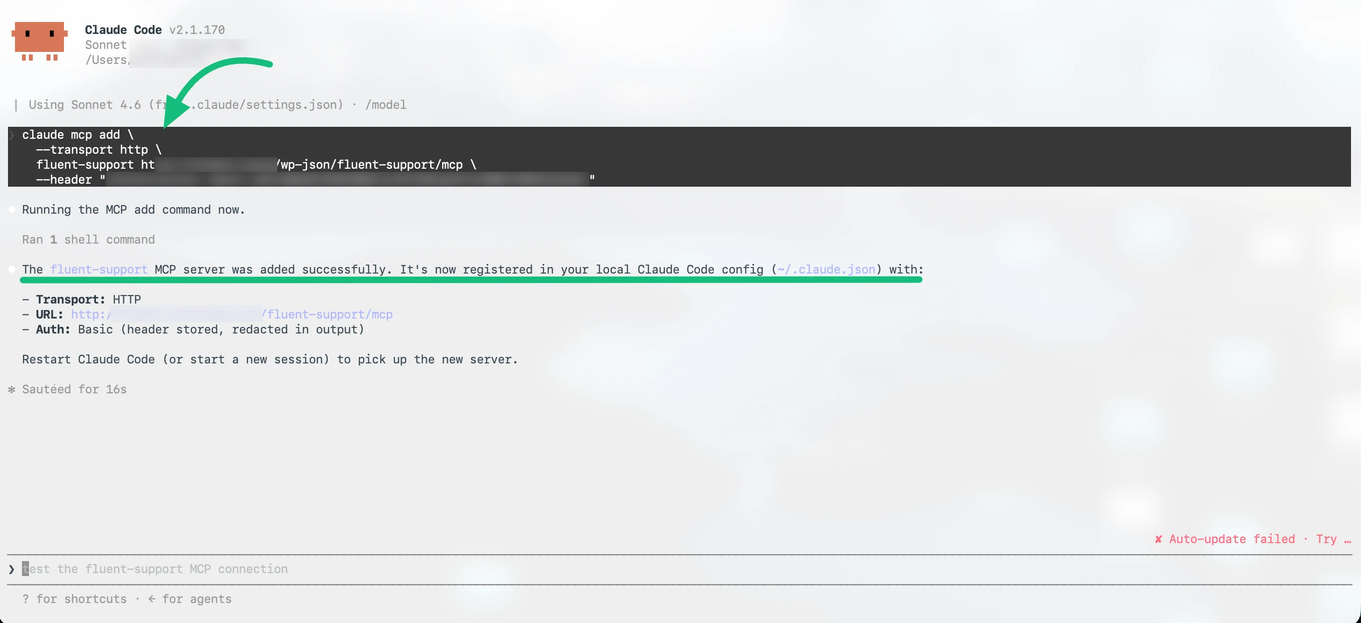 Claude Code terminal showing the Fluent Support MCP server was added successfully