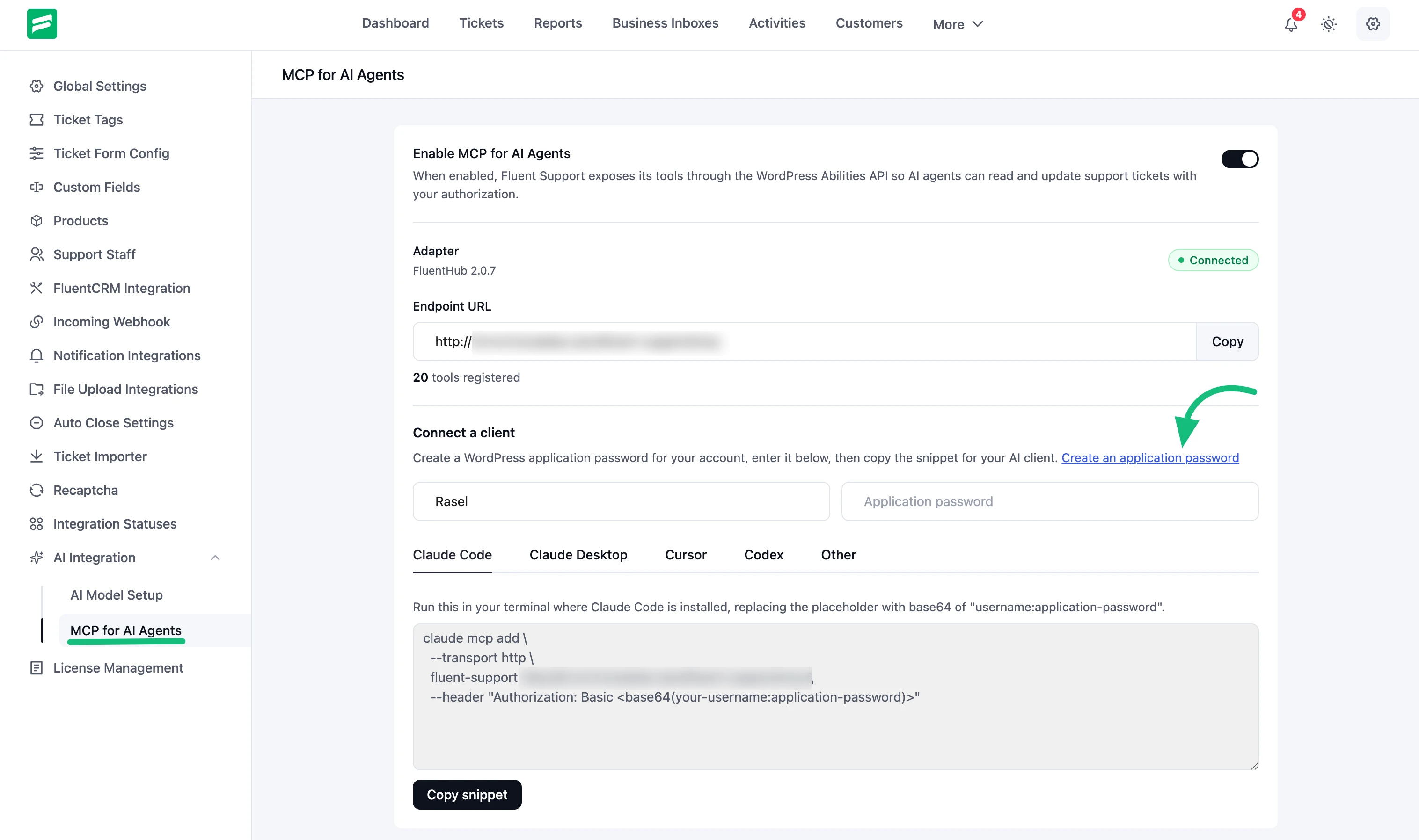 MCP settings page showing FluentHub connected, the endpoint URL, and the Connect a client panel