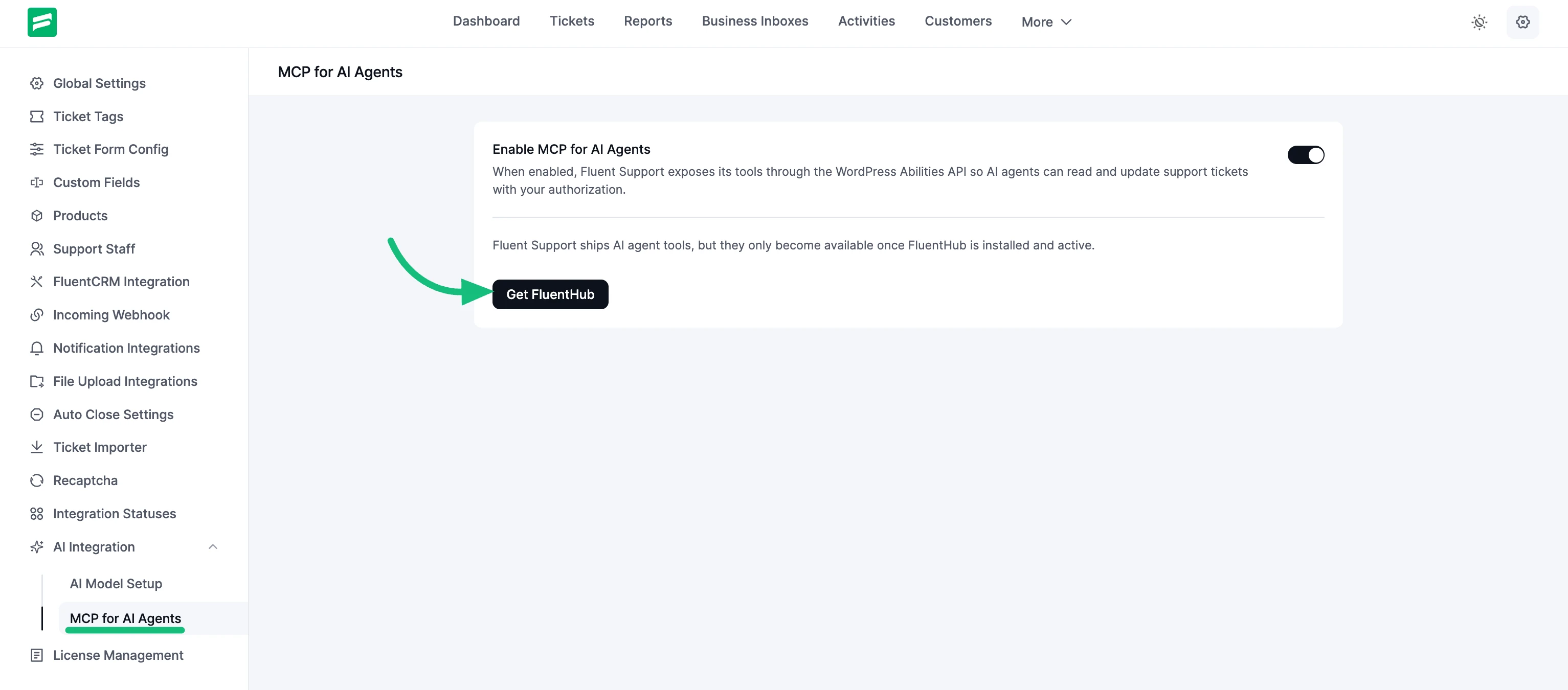MCP settings page with the toggle enabled and the Get FluentHub button visible