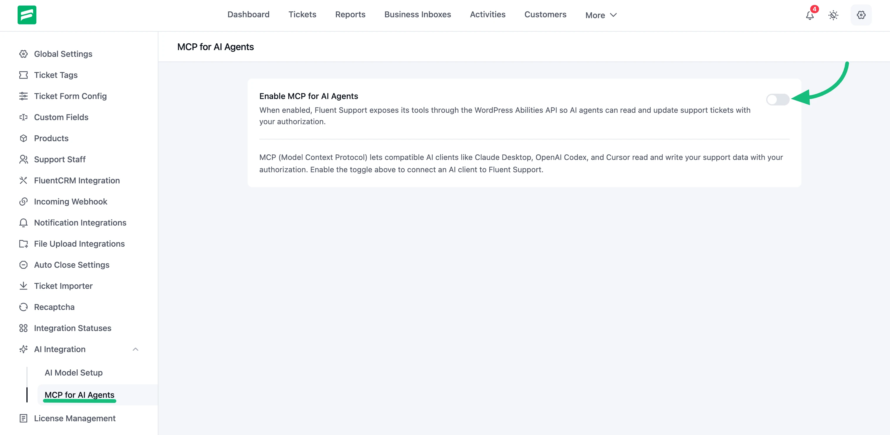 MCP for AI Agents settings page with the enable toggle turned off