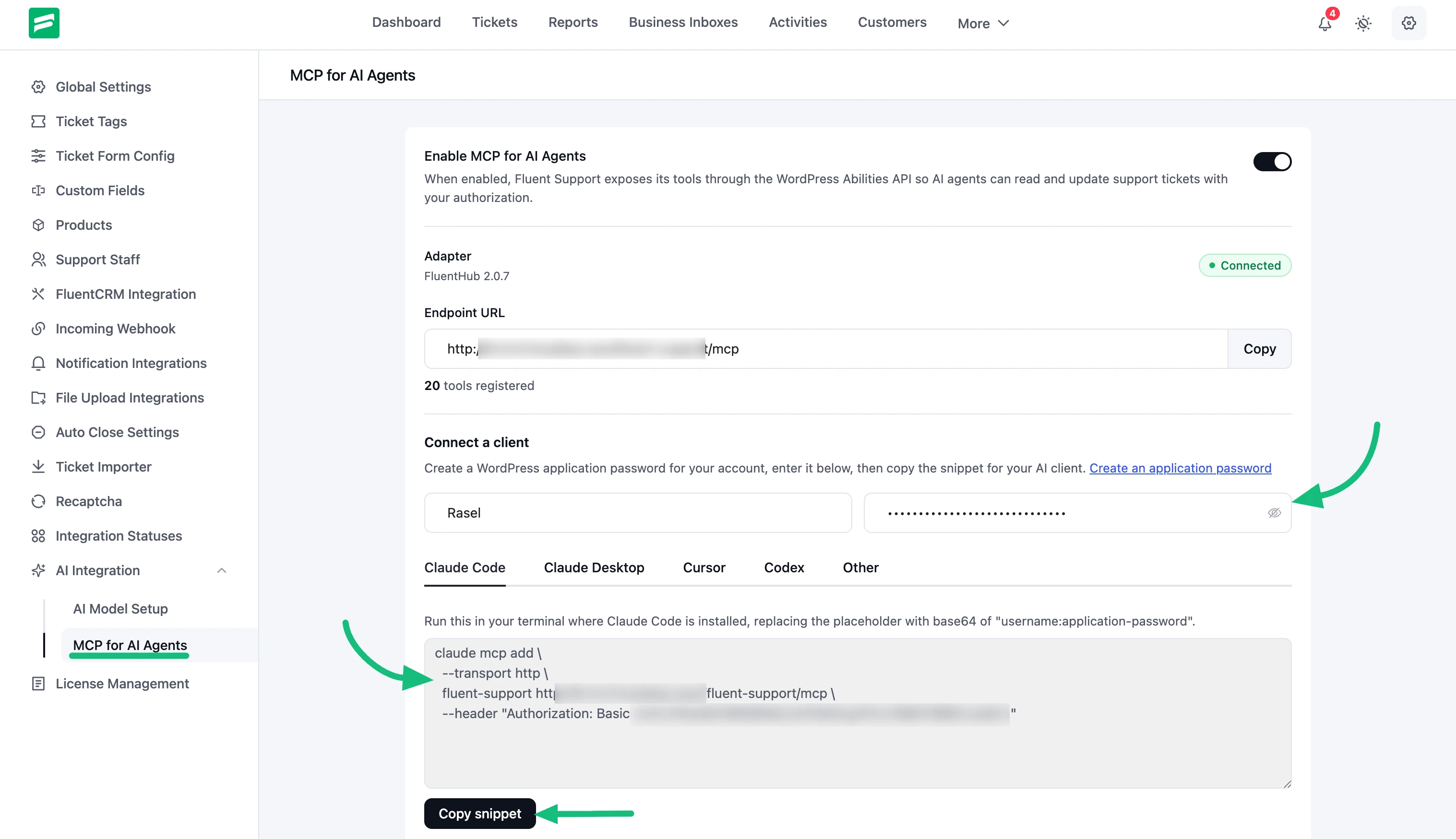 MCP settings page with the username and password filled in and the Claude Code snippet ready to copy