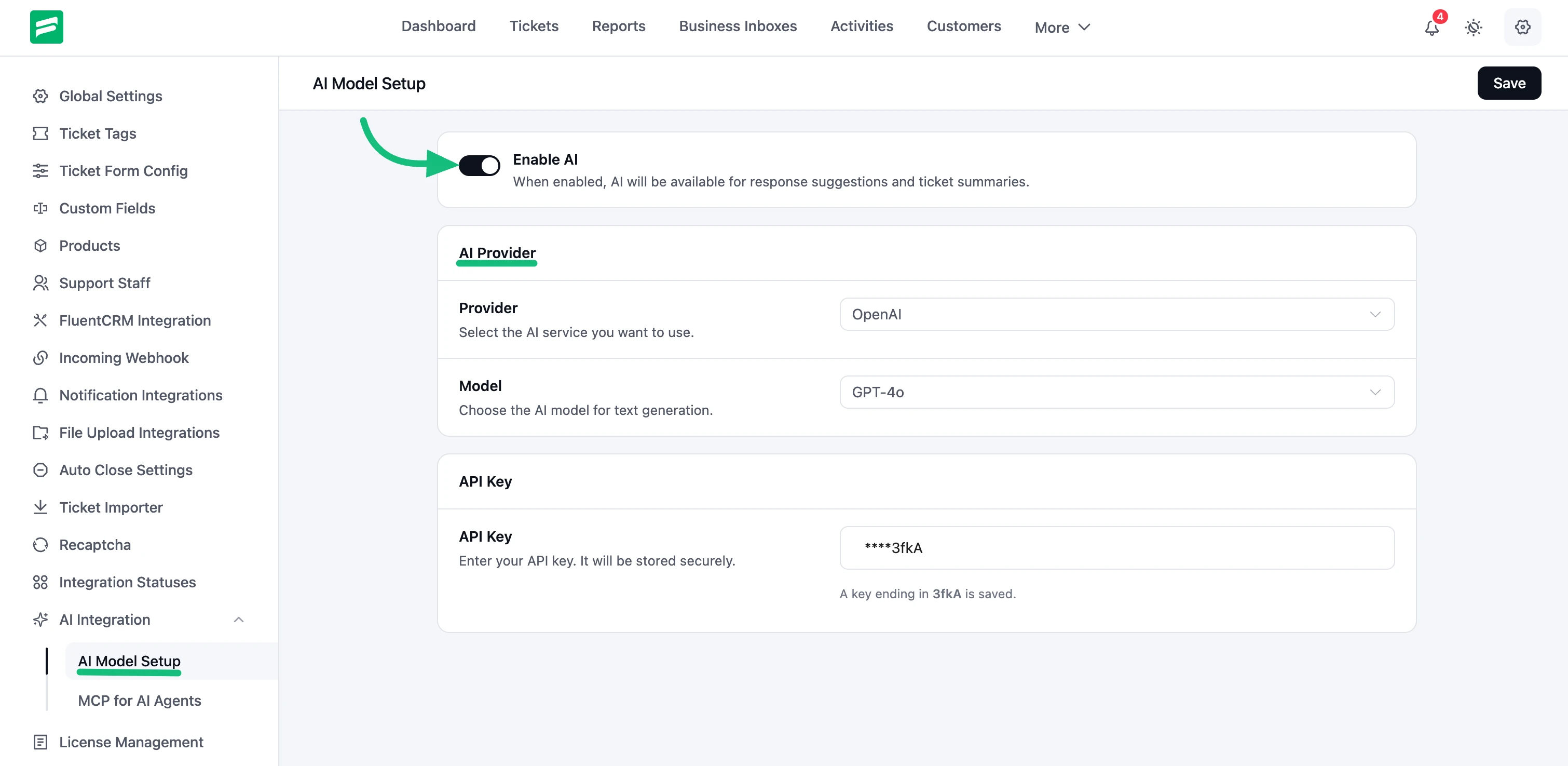 AI Model Setup page showing the Enable AI toggle, the AI Provider and Model dropdowns, and the API Key field