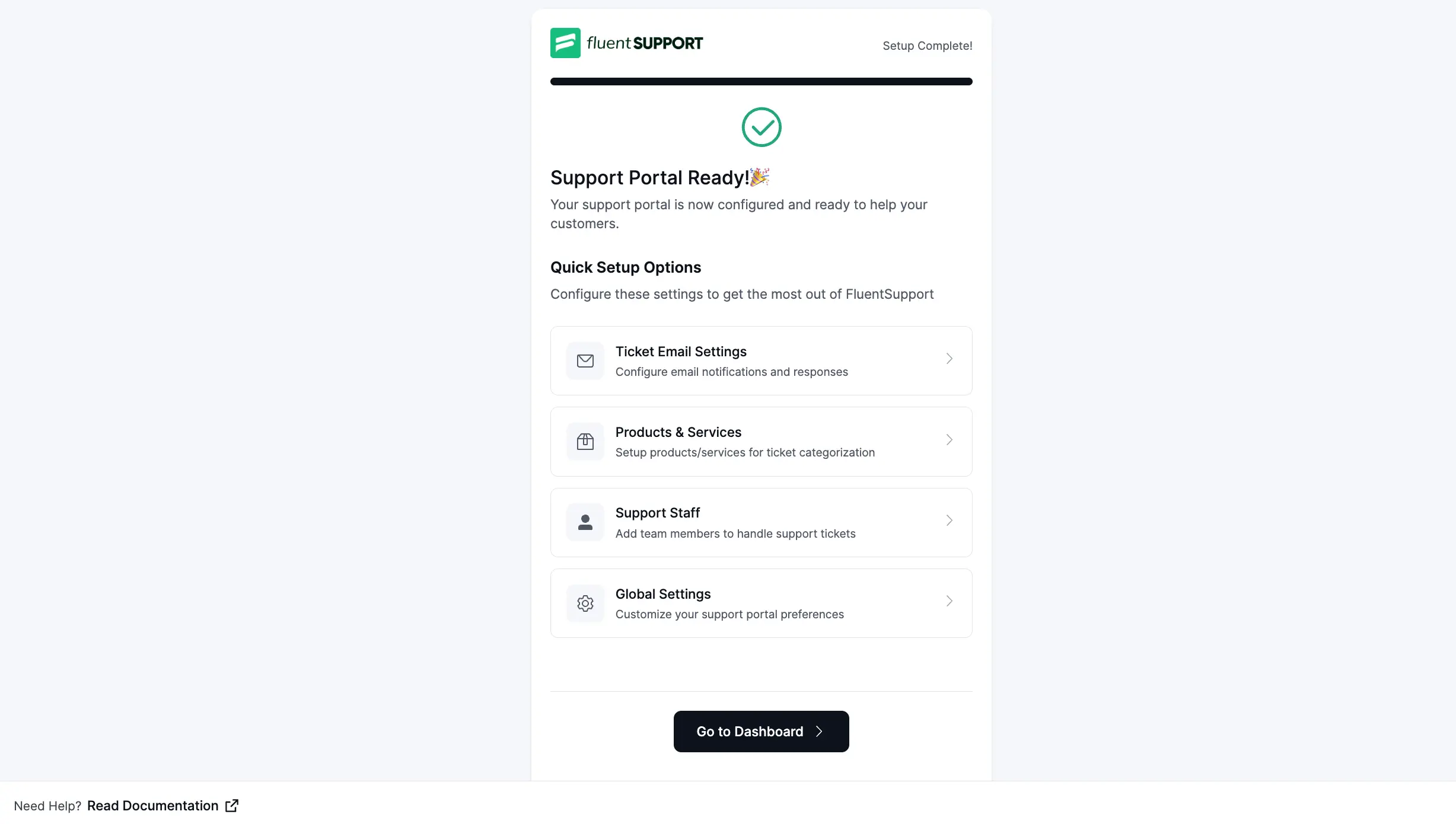Onboarding setup complete screen with quick setup options