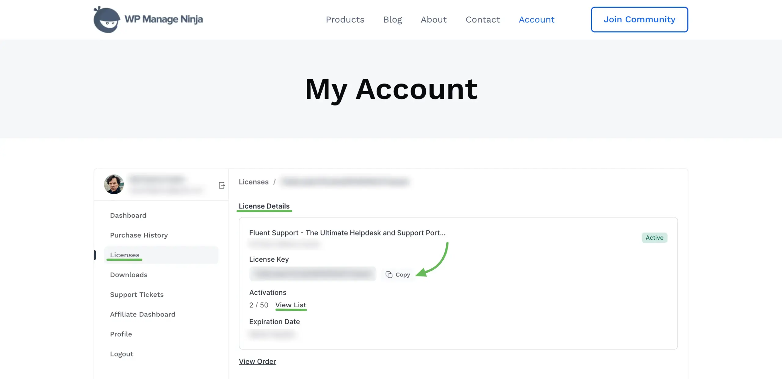 Fluent Support License Key in WPmangeninja dashboard