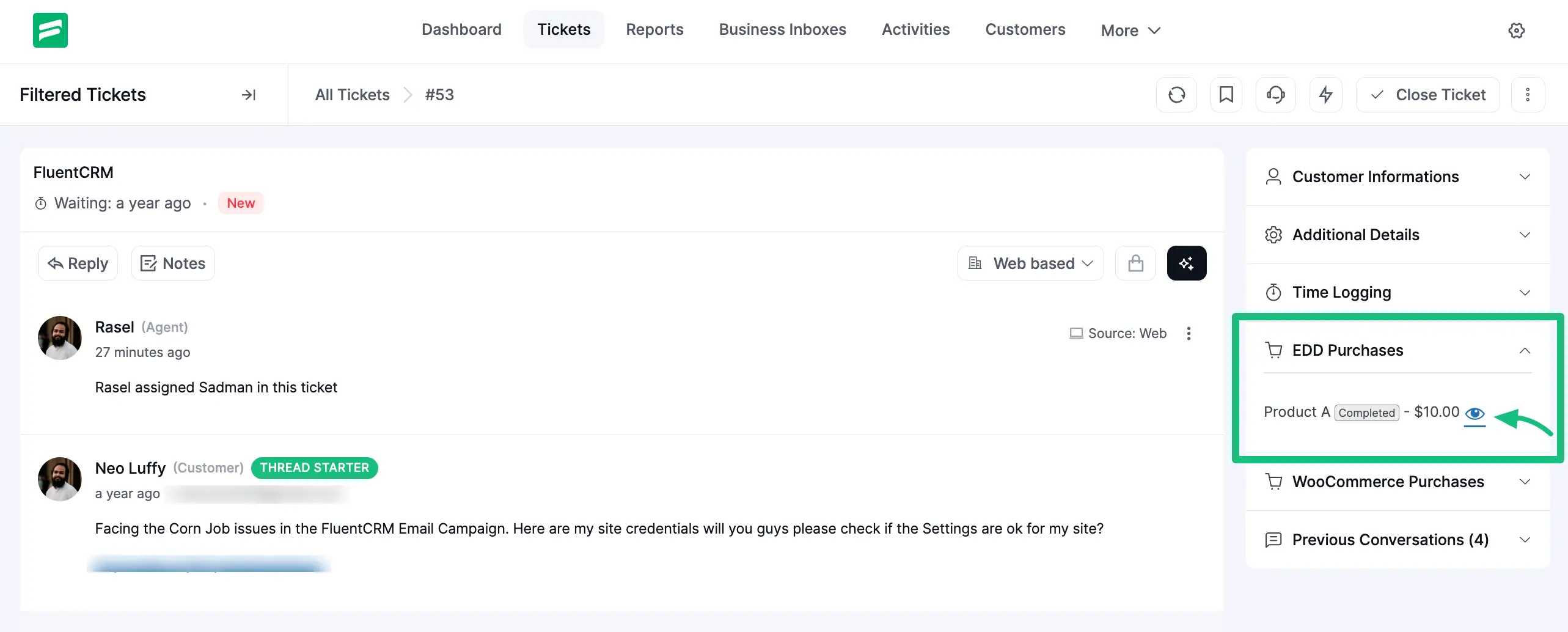 Preview of Easy Digital Downloads EDD Integration with Fluent Support