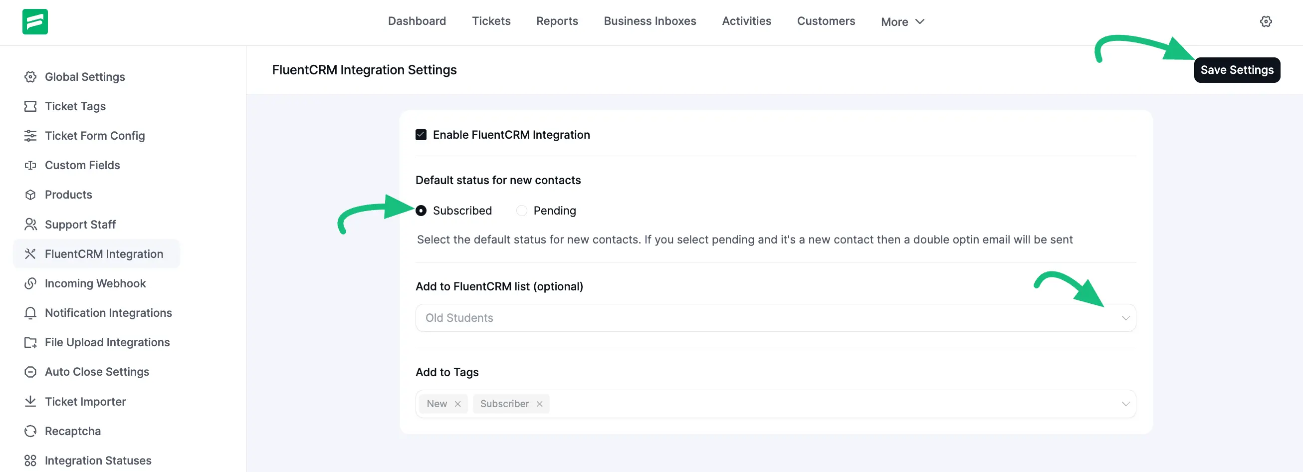 Fluent CRM Integration Settings options