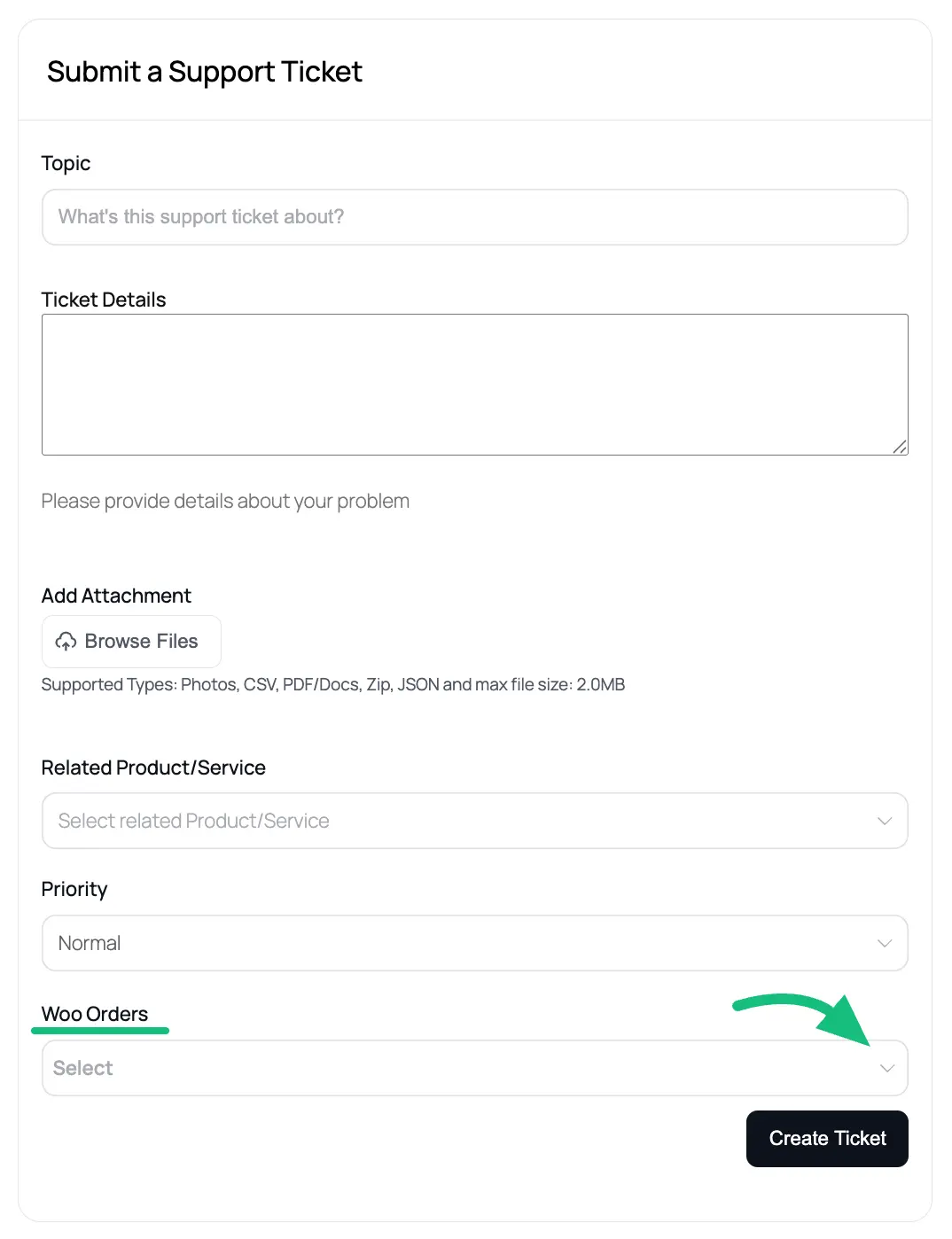Preview of WooCommerce Custom Field in Support Portal
