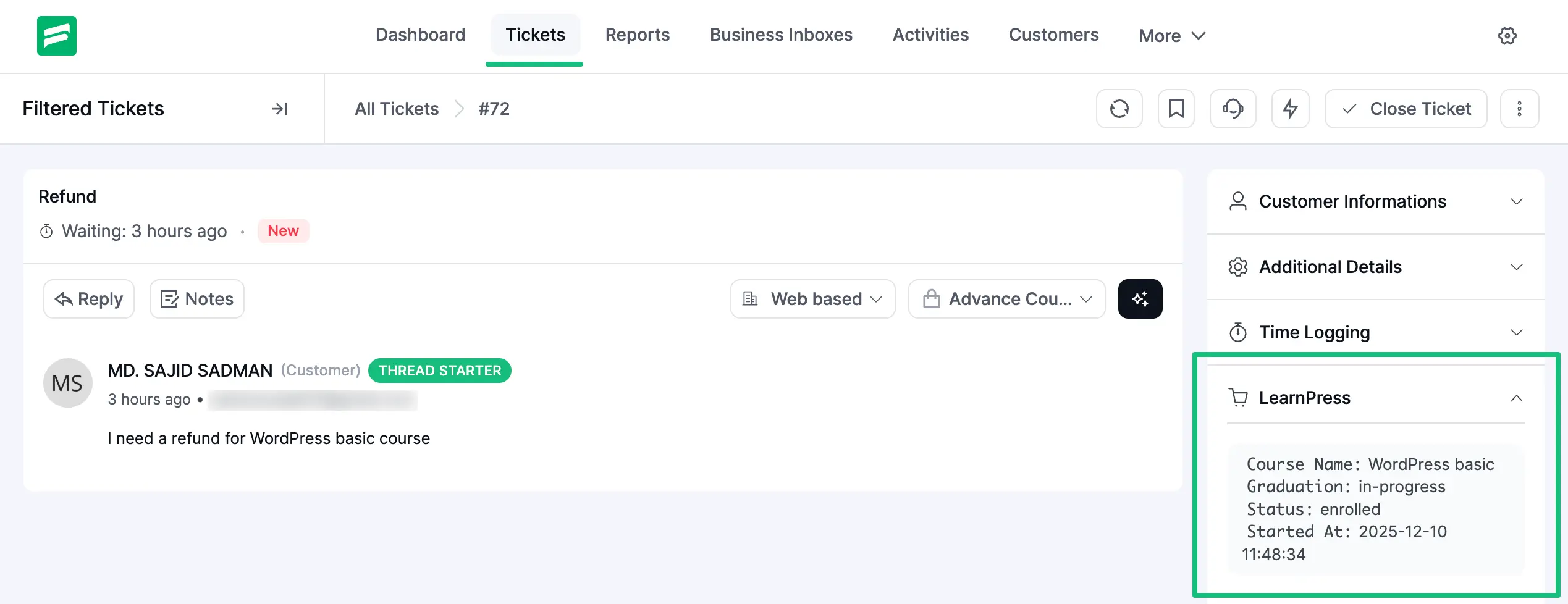 Preview of LearnPress Integration with Fluent Support