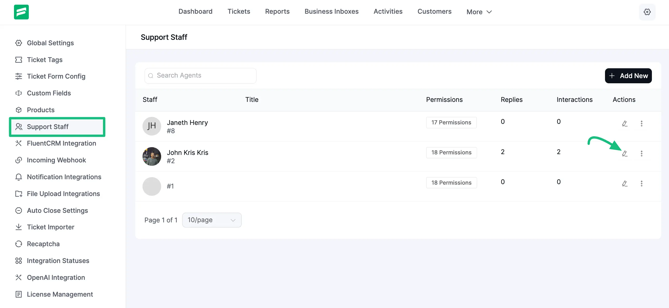 Support Staff from Global Settings