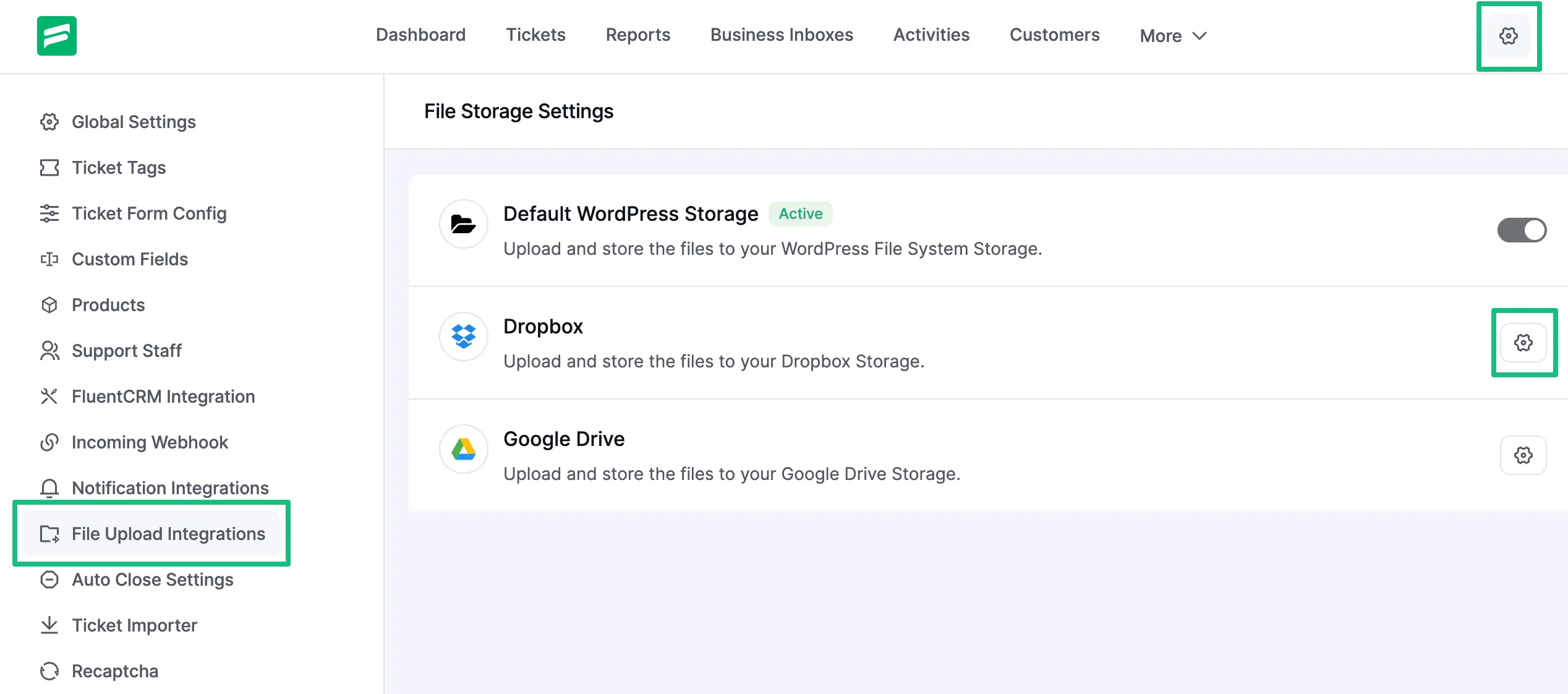 Dropbox Configure option from Fluent Support dashboard