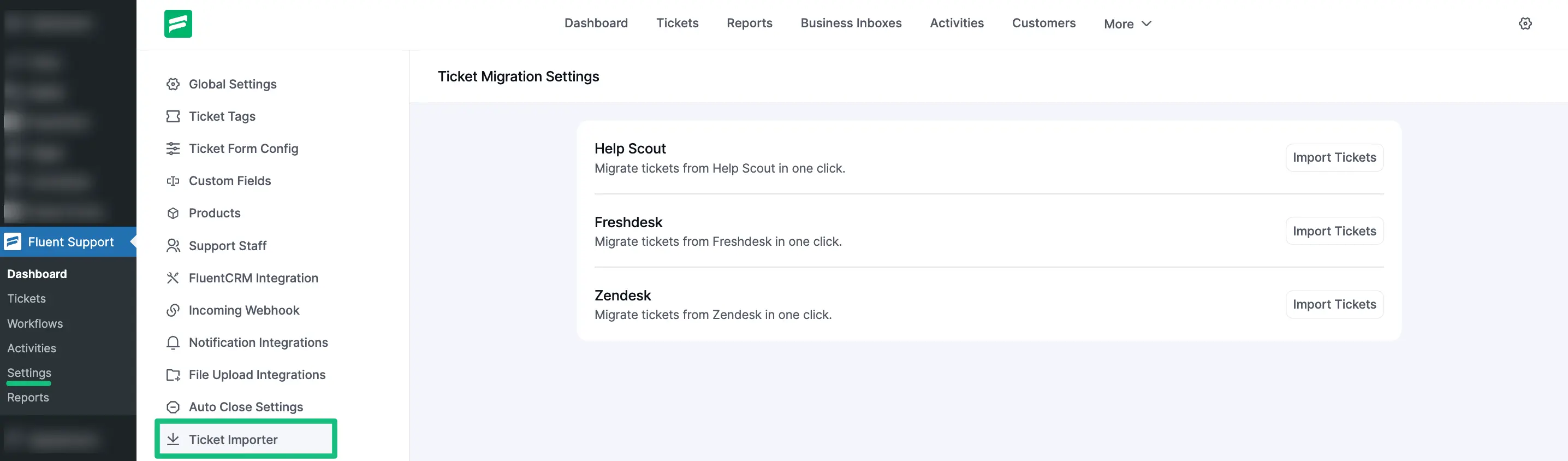 All Ticket Importer's options from Global Settings under Fluent Support Dashboard