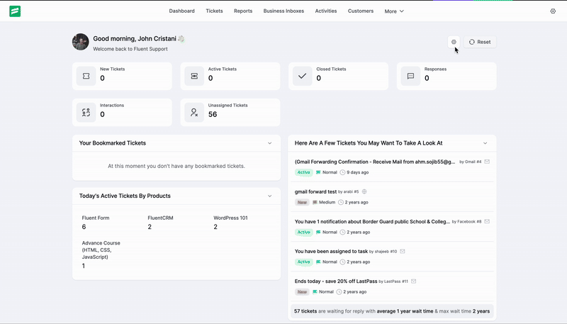 Settings option to customize your Dashboard