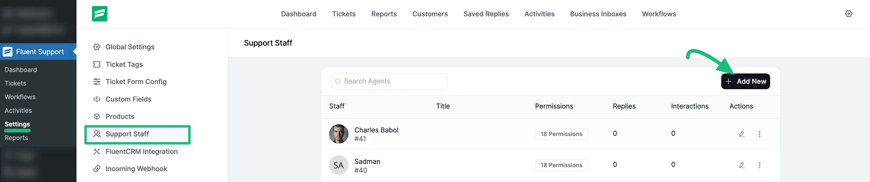 The Support Staff section in Fluent Support Settings