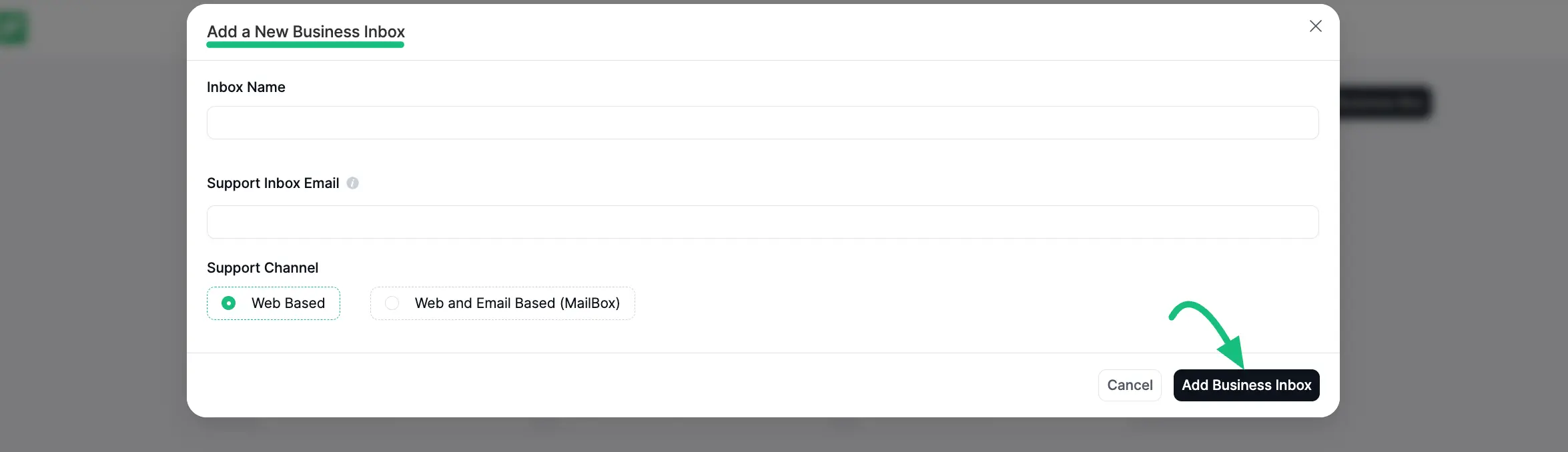 Fill in the Add a New Business Inbox popup page