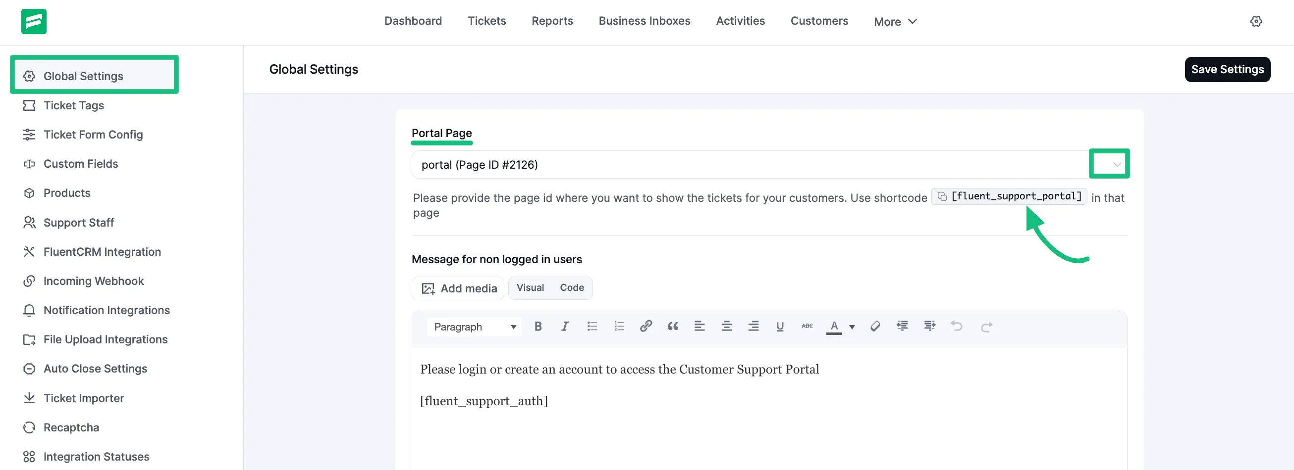 Select the desired page from the drop-down to show the support portal