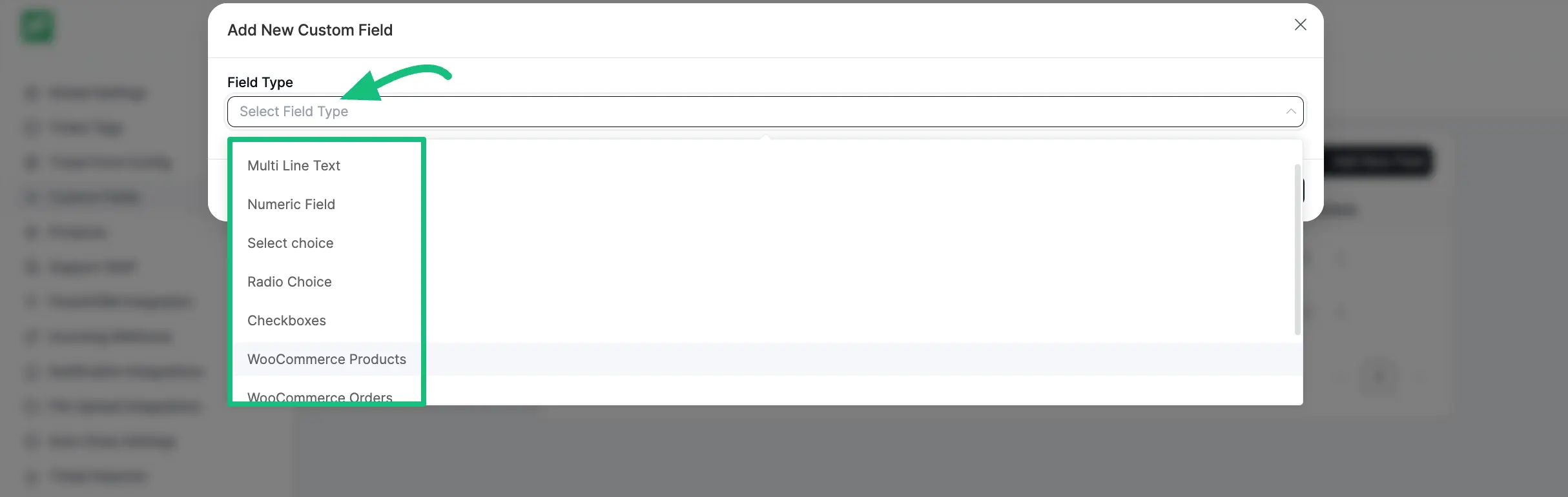 Choose Filed type from dropdown list