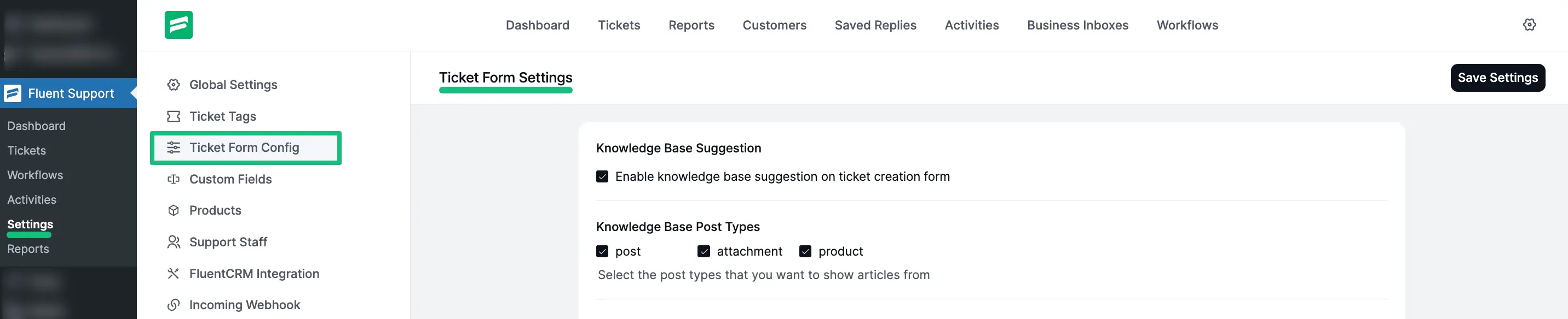 Global Settings from Fluent Support's Dashboard