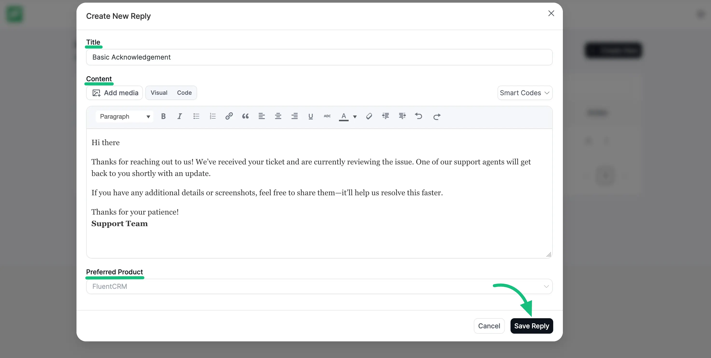 Add title & content to your saved replies