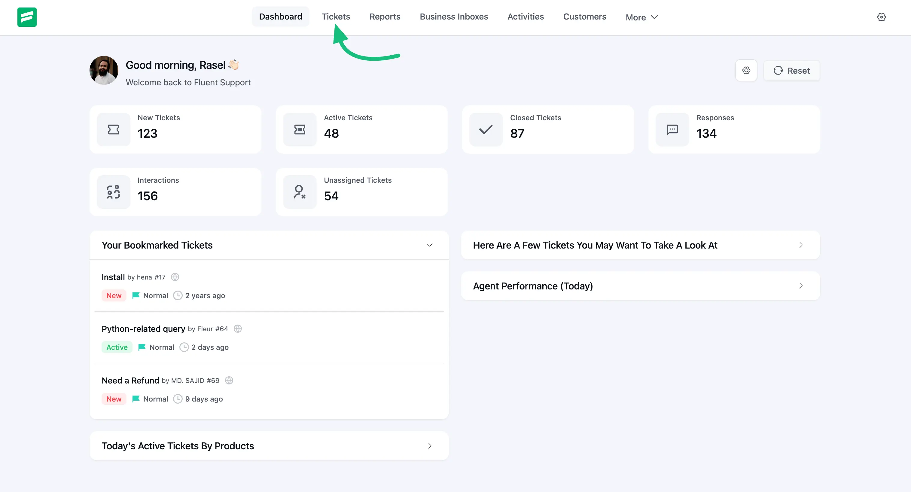 Tickets from Fluent Support dashboard