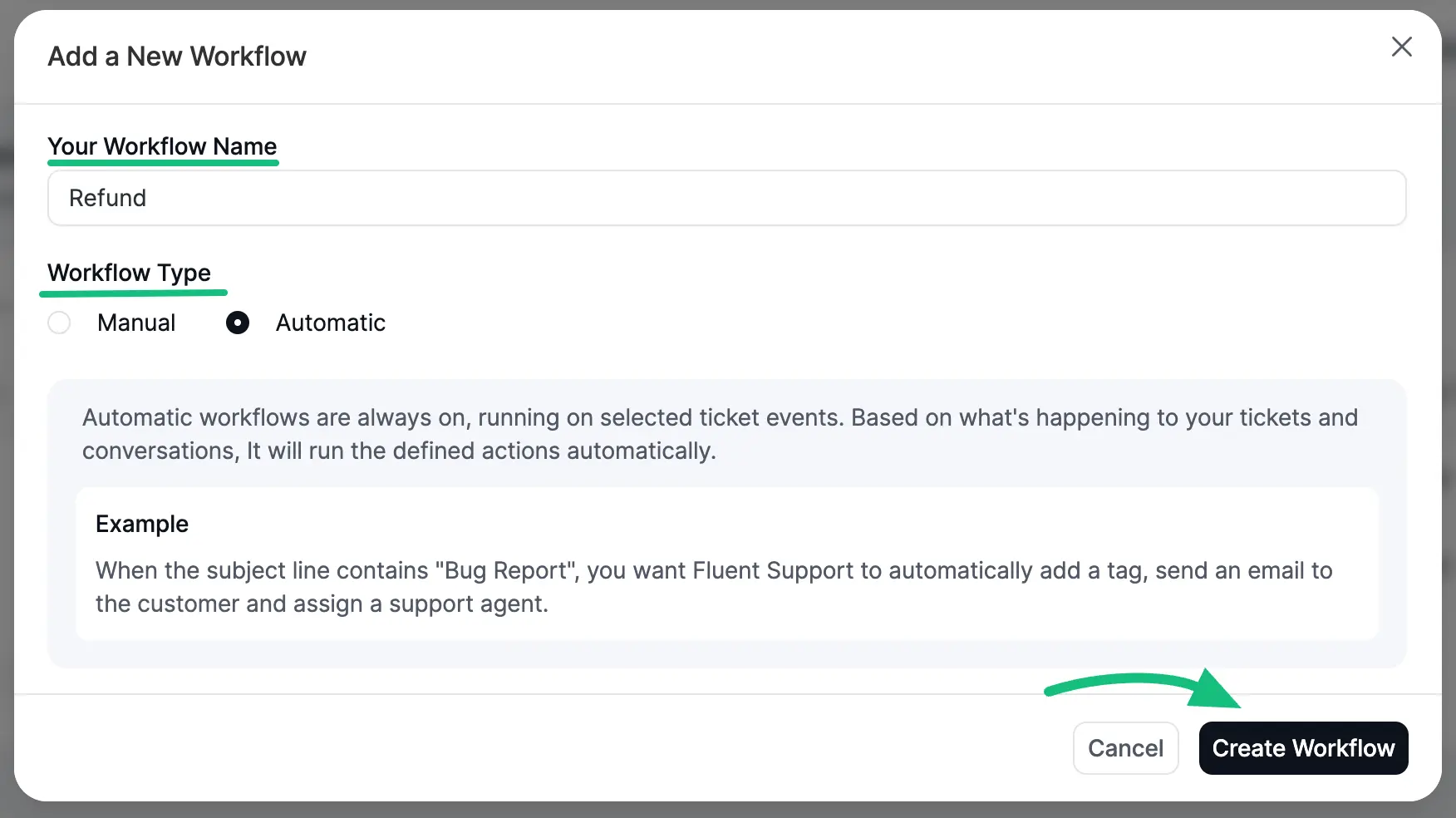 Popup page for adding a new workflow