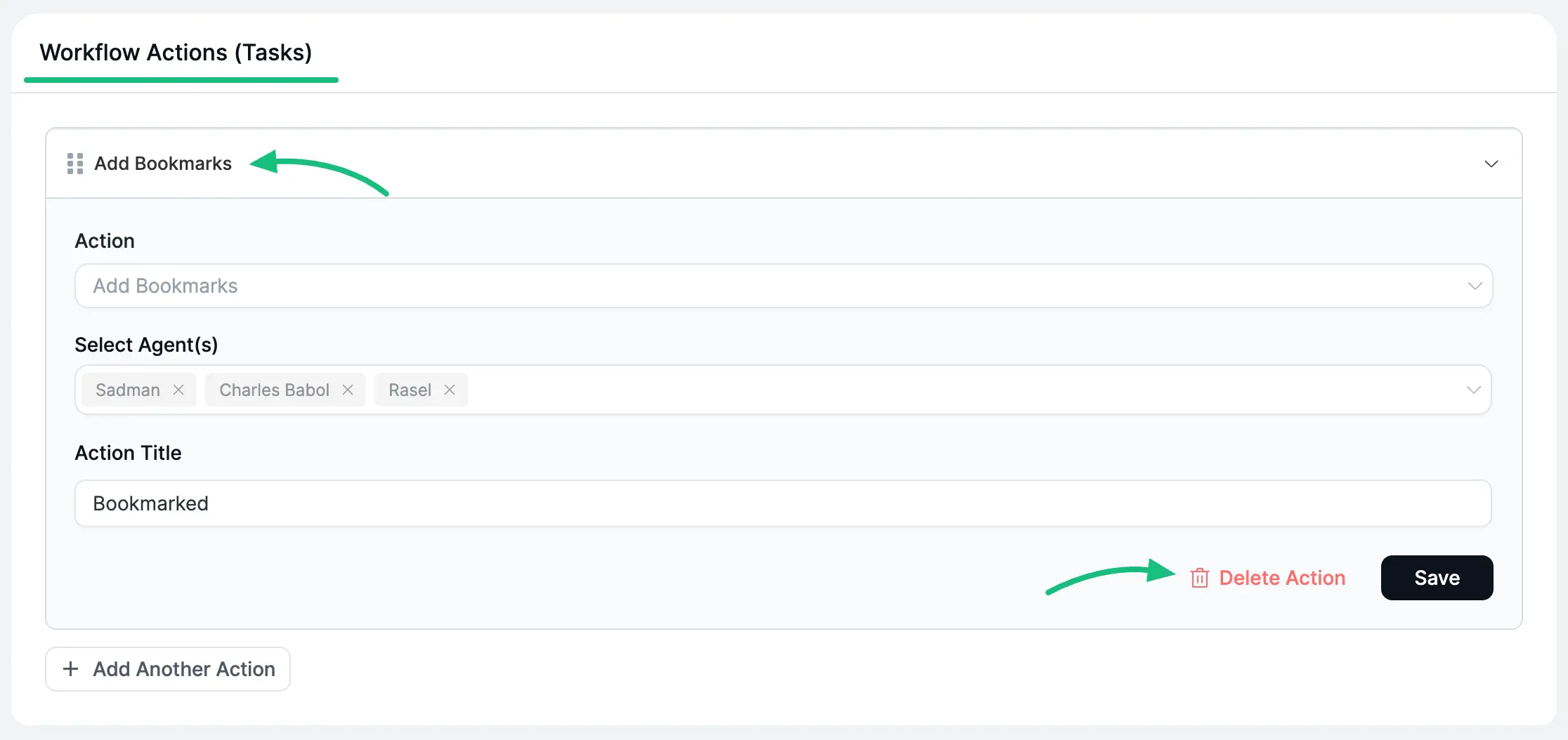Delete any existing action