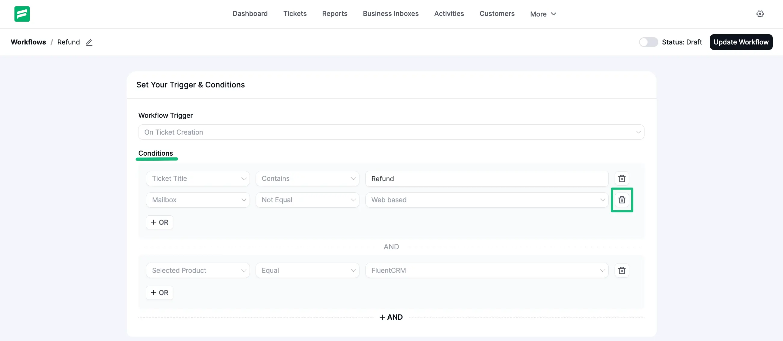 Delete any existing condition