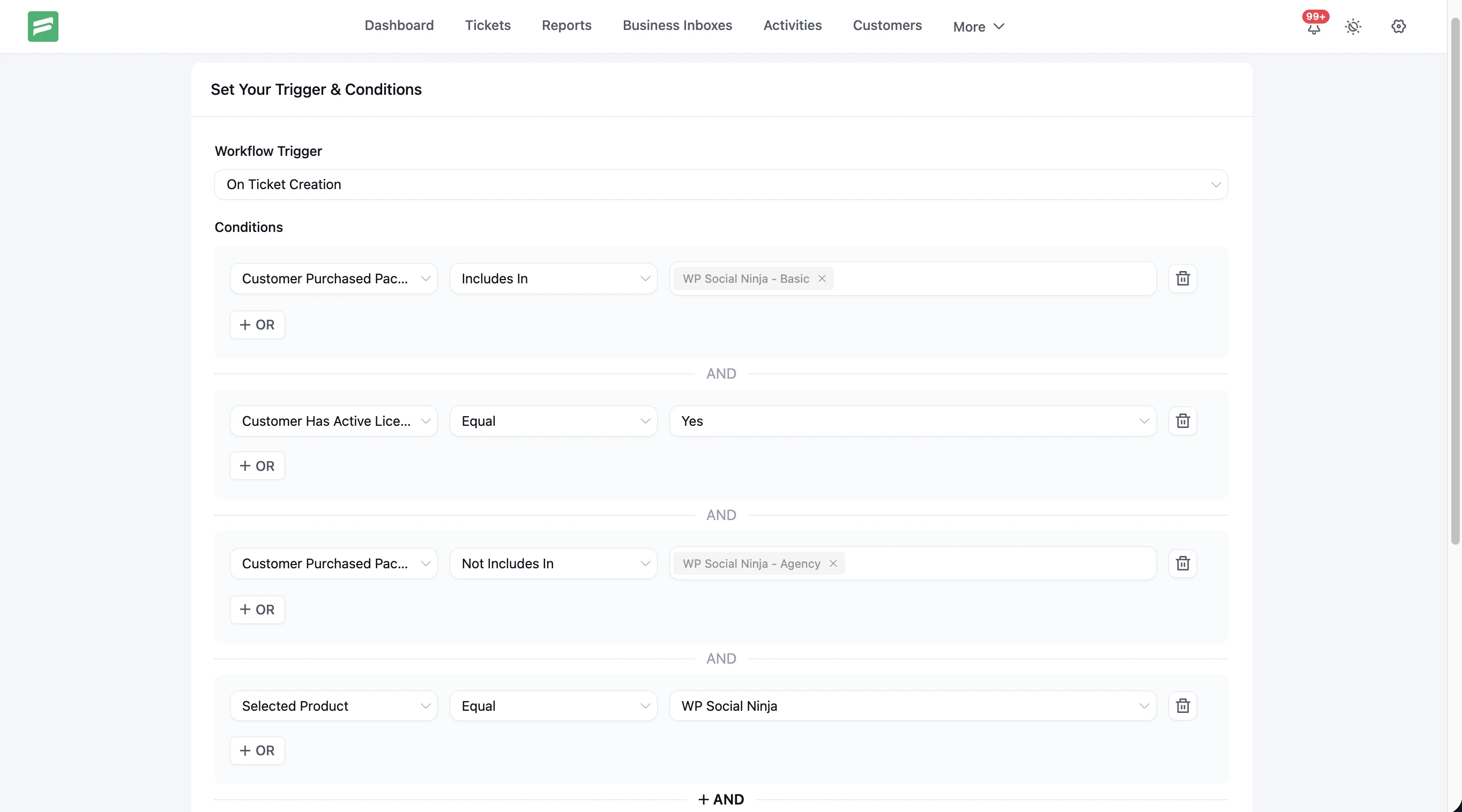 Workflow conditions showing Customer Purchased Product and Selected Product synced for WP Social Ninja, with package targeting and a license check