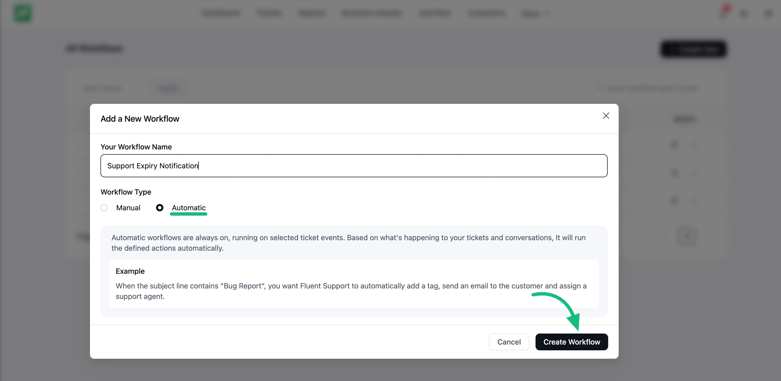 Add a New Workflow popup with a name entered and the Automatic type selected