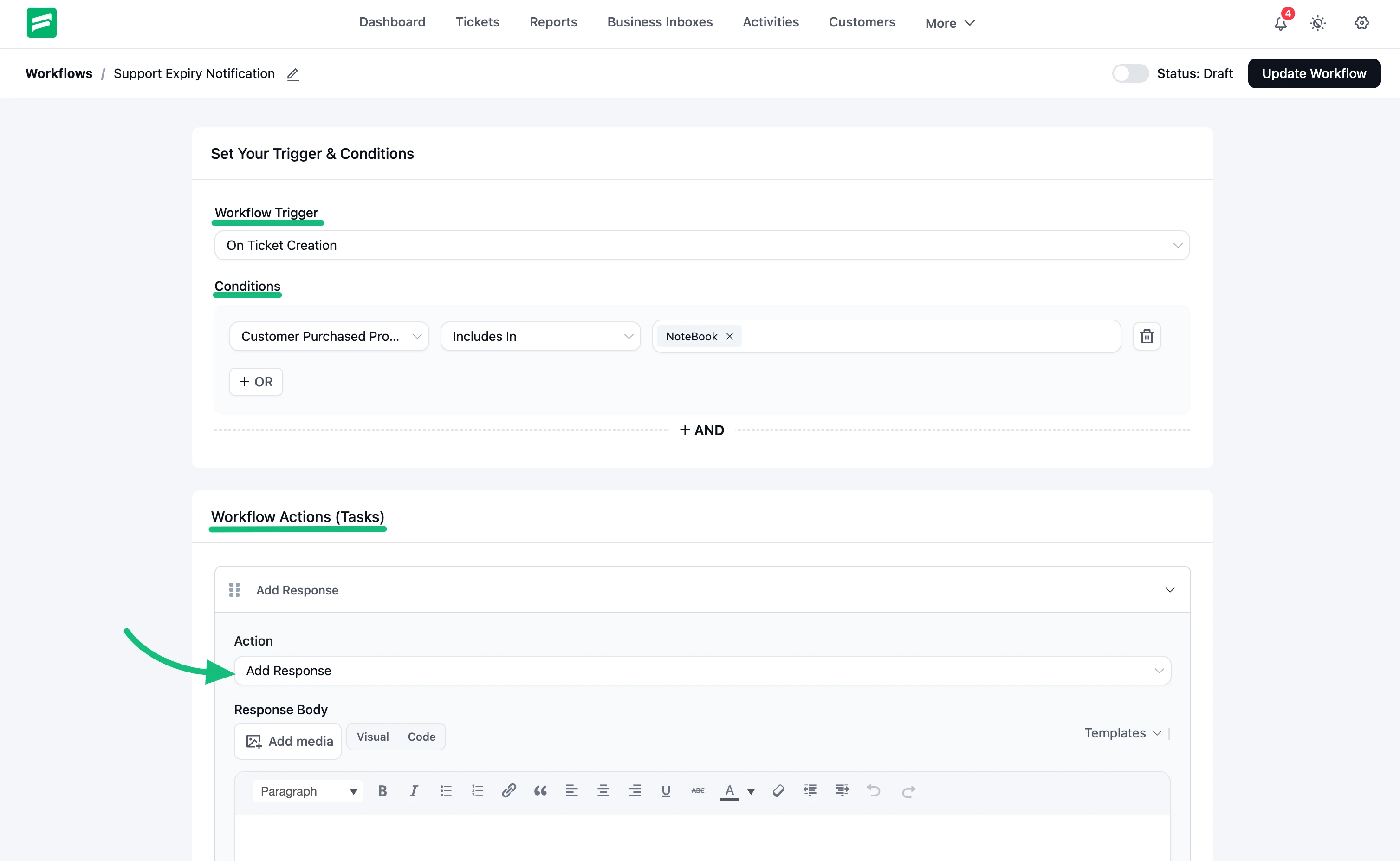 Workflow editor showing the On Ticket Creation trigger, the purchase condition, and the Add Response action